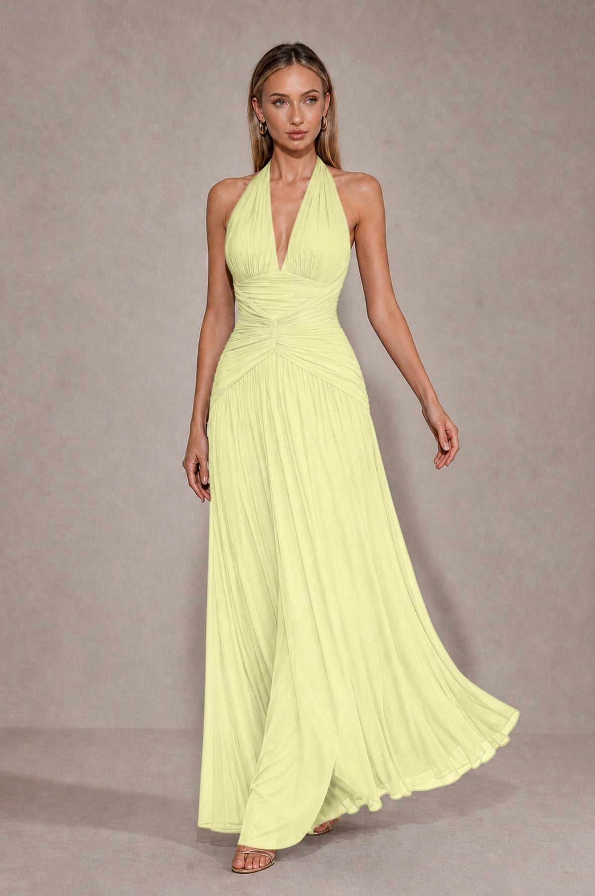 BOLODOO Light Yellow Chiffon Halter Deep V-Neck Ruched A-Line Backless Maxi Dress with Train-BD0167 - Light Yellow - Light Yellow_4