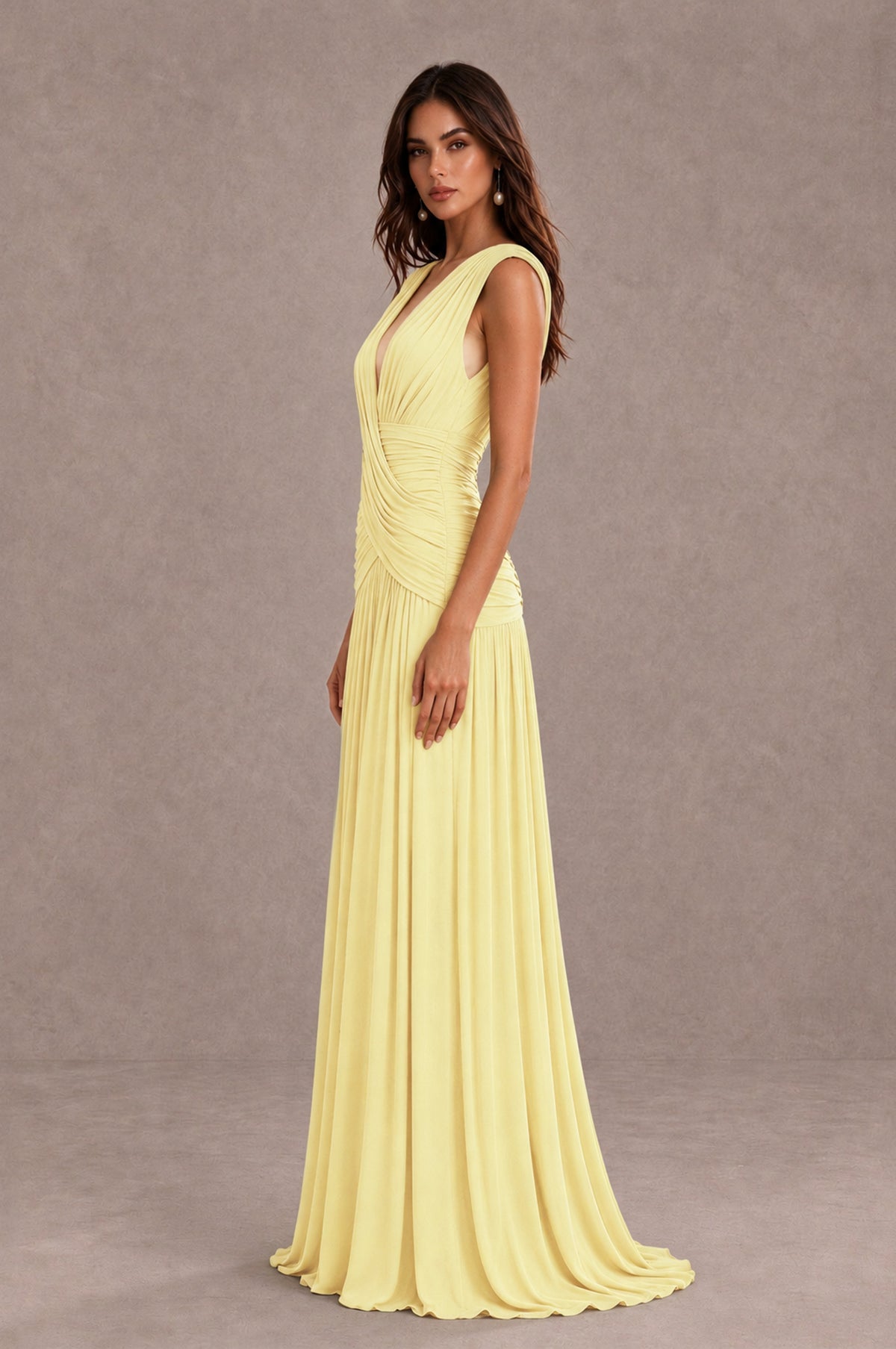 BOLODOO Light Yellow V-Neck Ruched Wedding Guest Dress - Light Yellow - Light Yellow_4