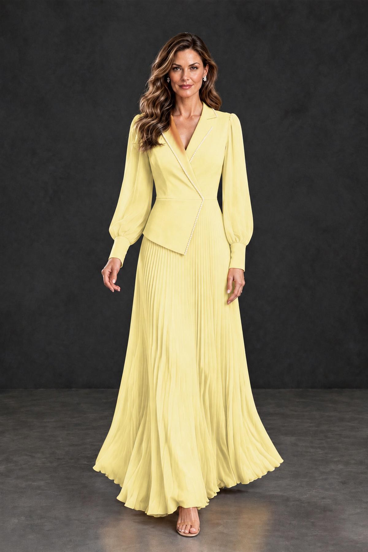 BOLODOO Light Yellow Long Sleeve Pleated Mother of the Bride Dress - Light Yellow - Light Yellow_4