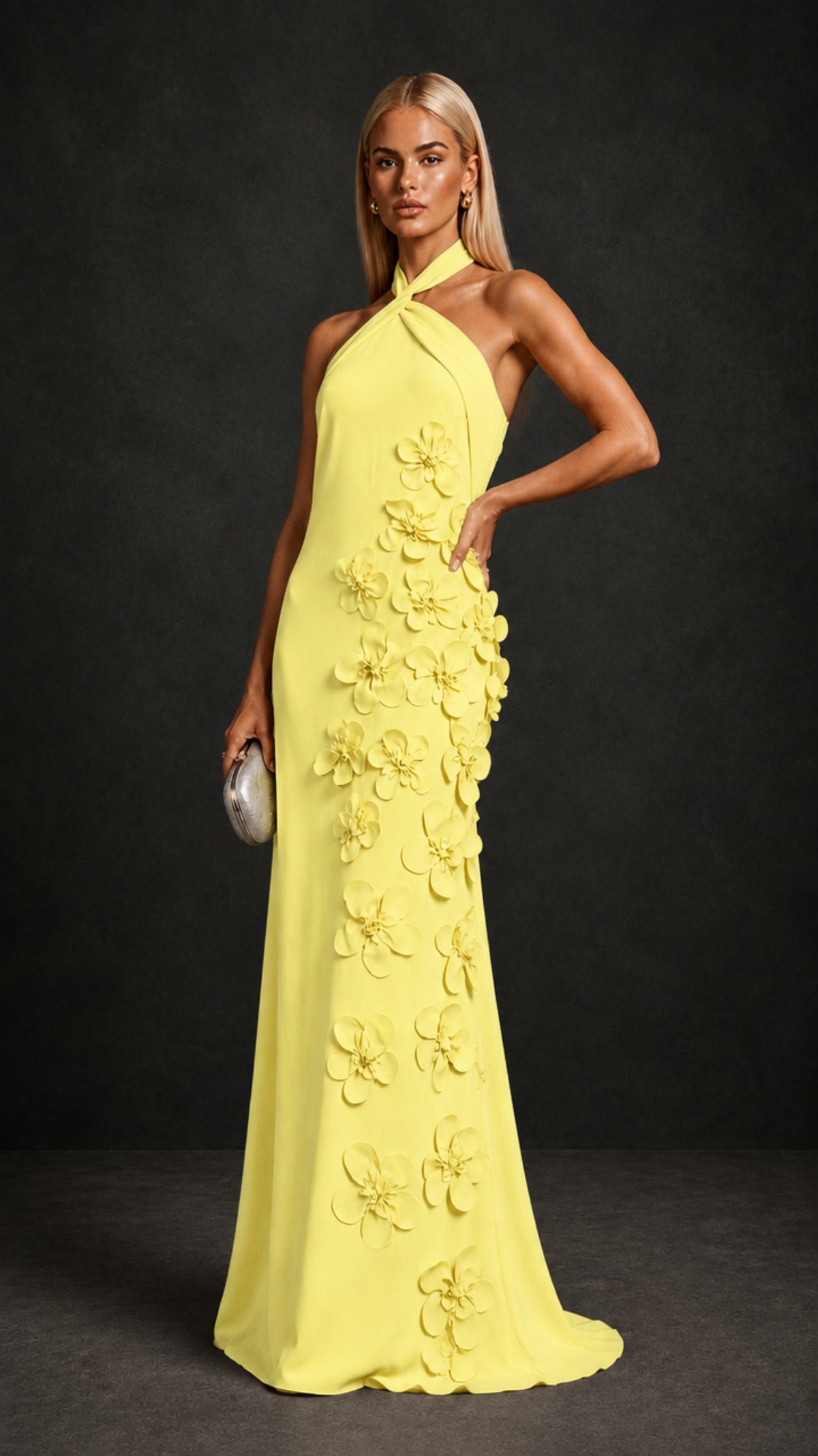 BOLODOO Light Yellow Cross Halter Neck 3D Floral Appliqué Backless Mermaid Maxi Gown - Light Yellow