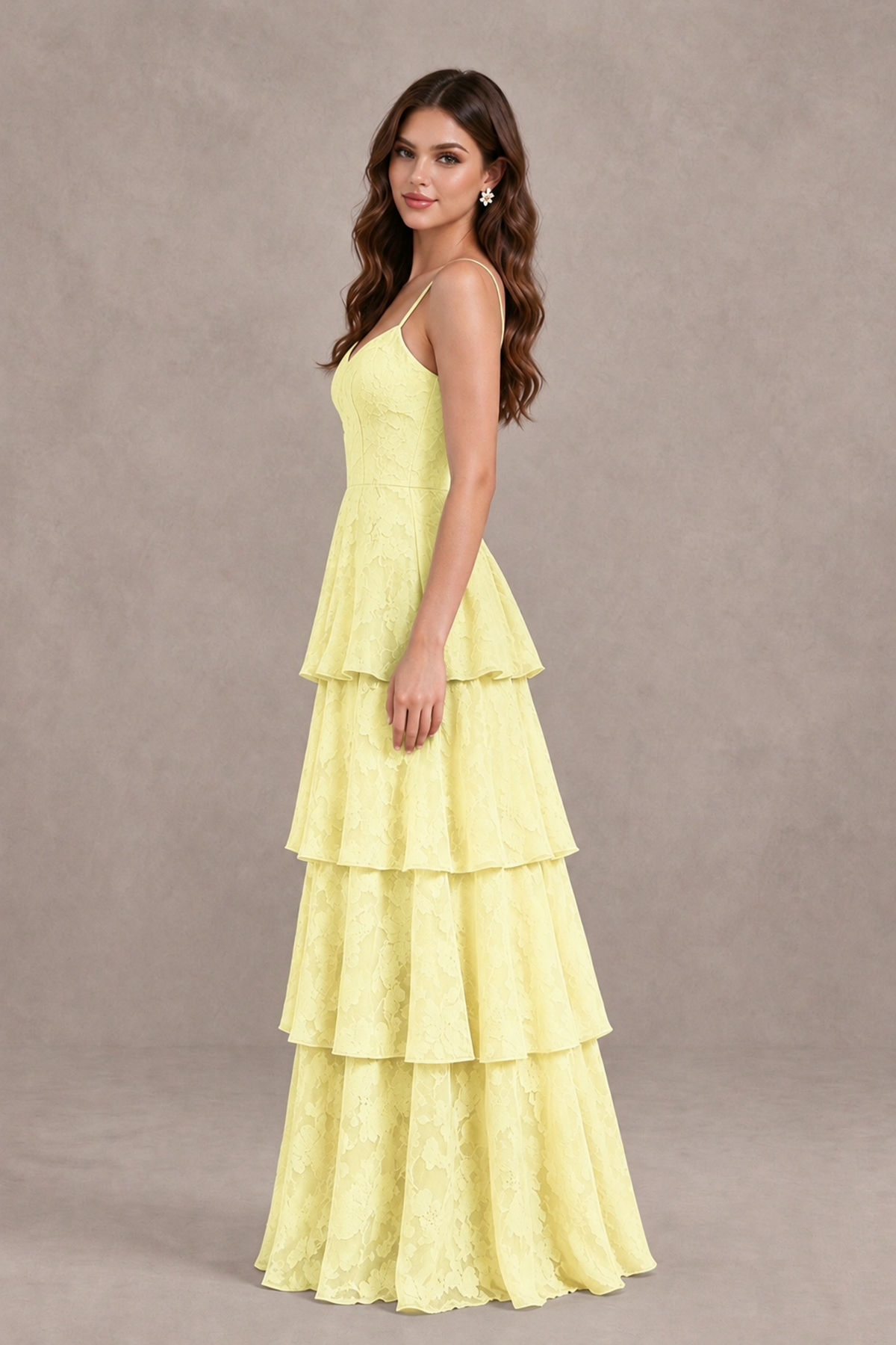 BOLODOO Light Yellow Tiered Floral-Textured Spaghetti Strap Maxi Dress - Light Yellow - Light Yellow_4