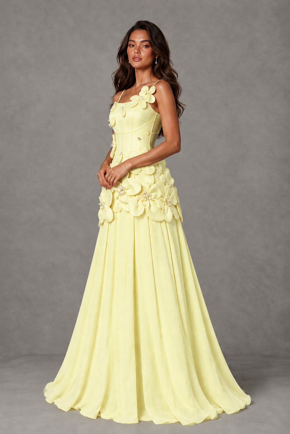 BOLODOO Light Yellow 3D Floral Appliqué Floor-Length A-Line Evening Gown - Light Yellow