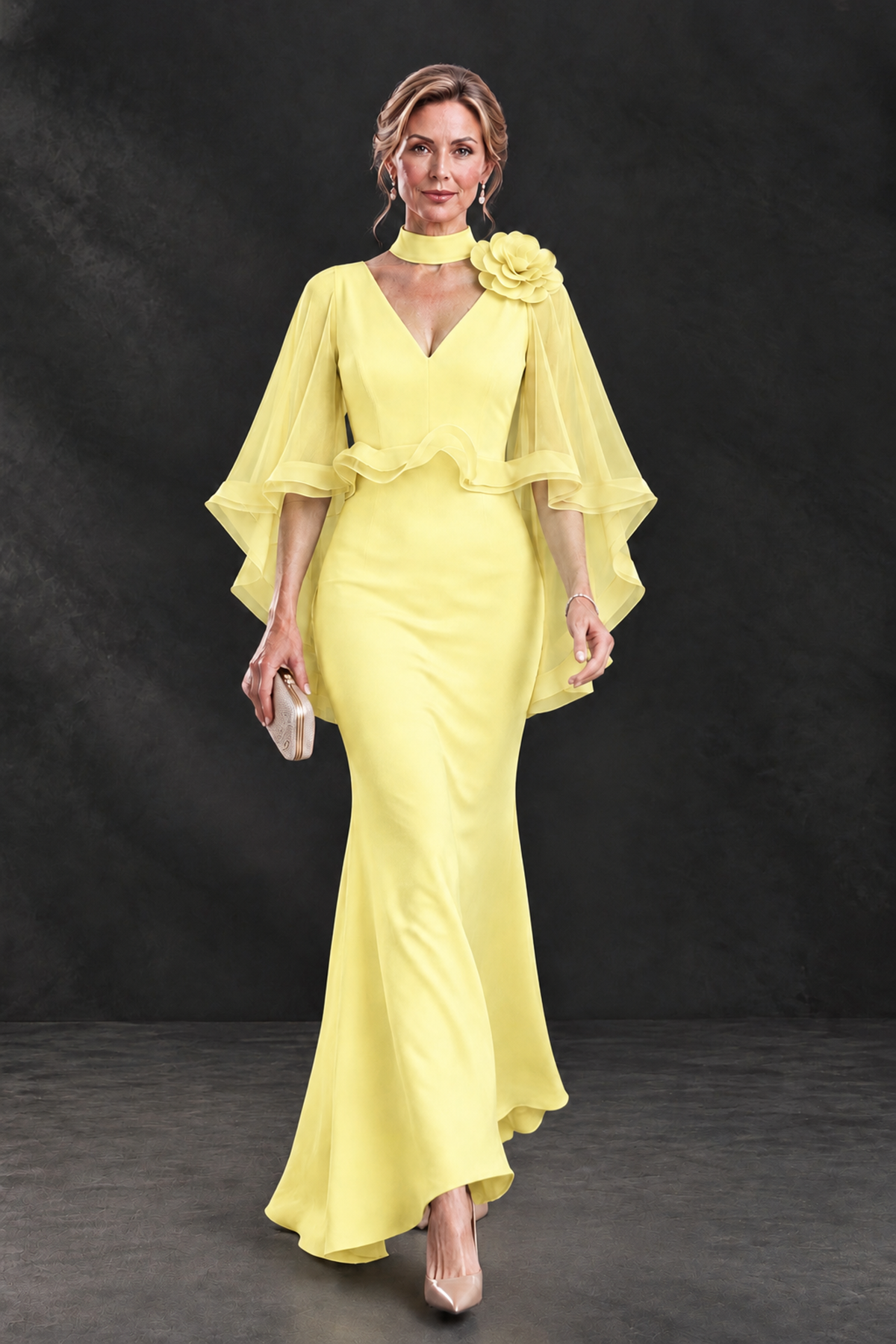 BOLODOO Light Yellow Floral Cape Sleeve Mother of the Bride Dress - Light Yellow - Light_Yellow_4