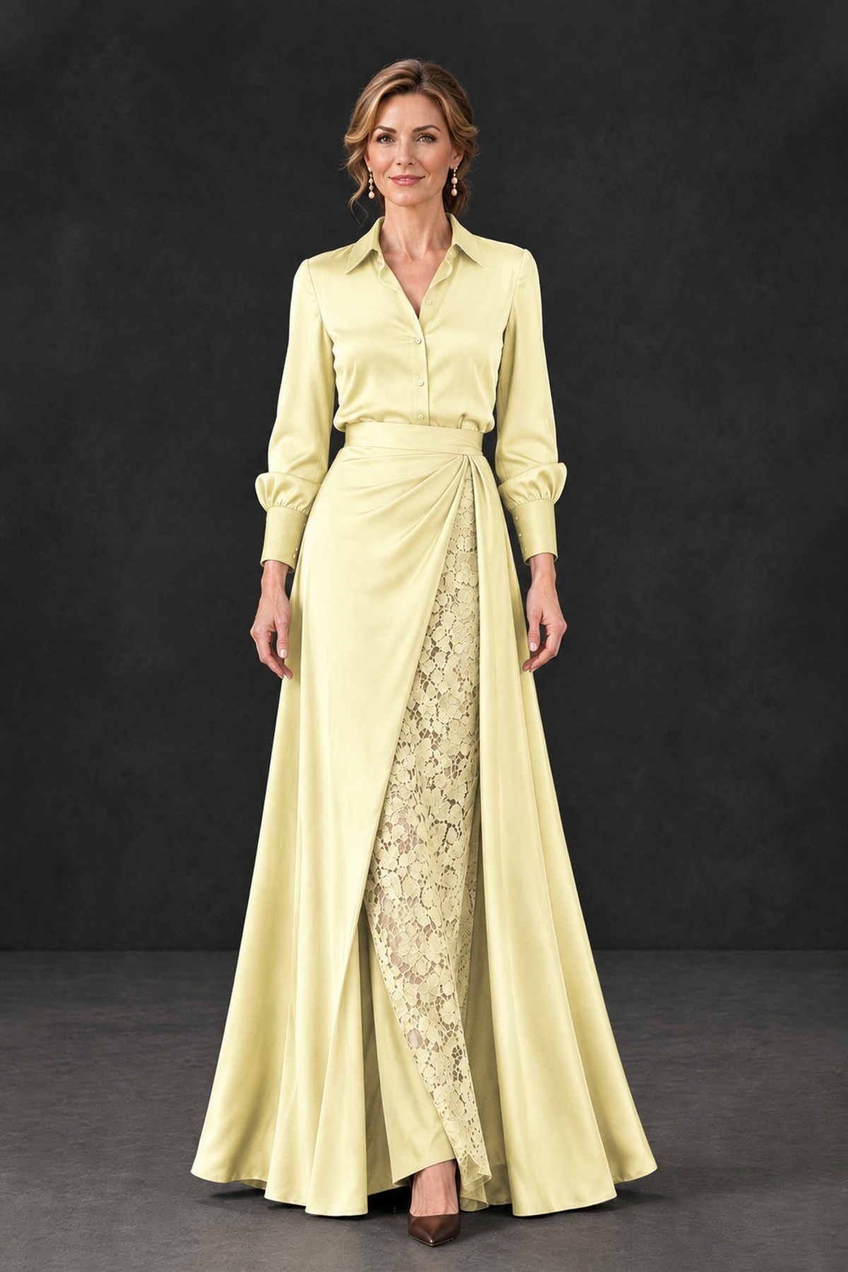 BOLODOO Light Yellow Long Sleeve Satin-Look Lace Panel Gown - Light Yellow - Light Yellow_4