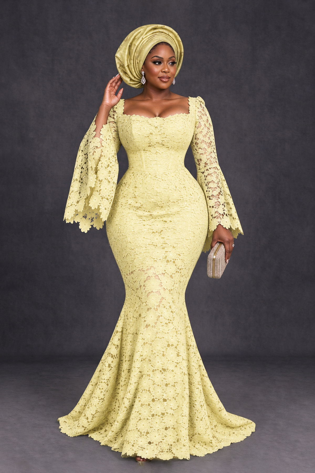 BOLODOO Light Yellow African Lace Mermaid Dress, Plus Size Nigerian Wedding Guest Gown with Bell Sleeves - Light Yellow - Light Yellow_4