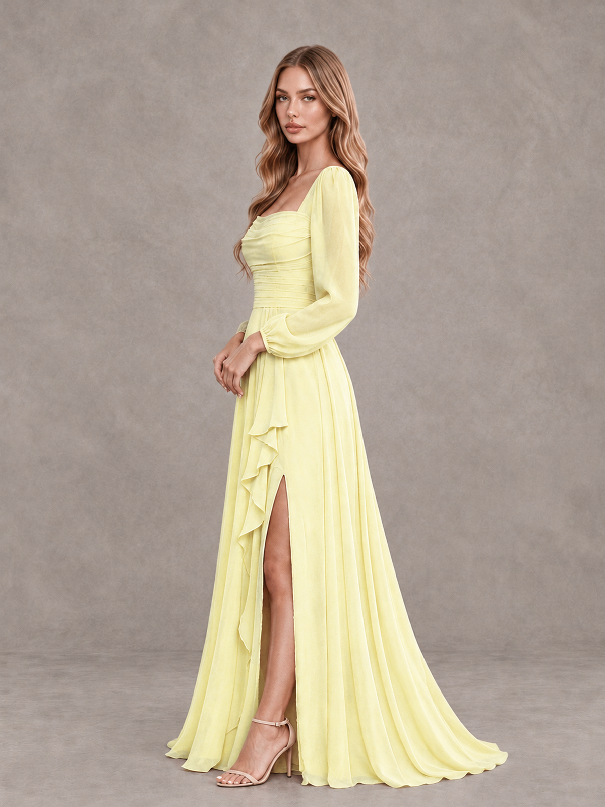 BOLODOO Light Yellow Square Neck Long Sleeve Bridesmaid Dress with Ruffle Slit - Light Yellow - Light Yellow_4