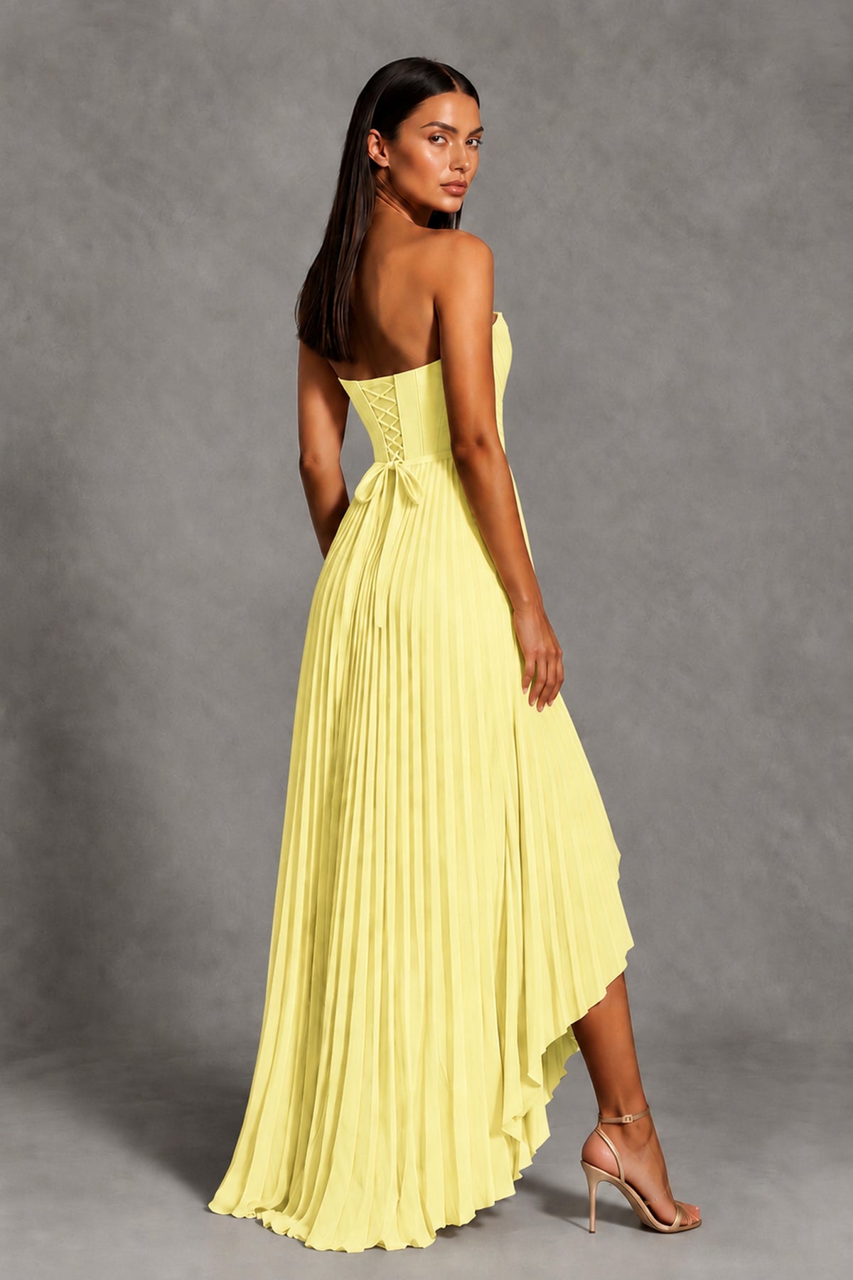 Light Yellow Strapless Pleated High-Low Evening Gown with Ruffle Hem - Light Yellow
