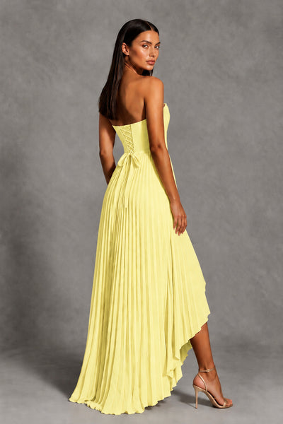 Light Yellow Strapless Pleated High-Low Evening Gown with Ruffle Hem - Light Yellow