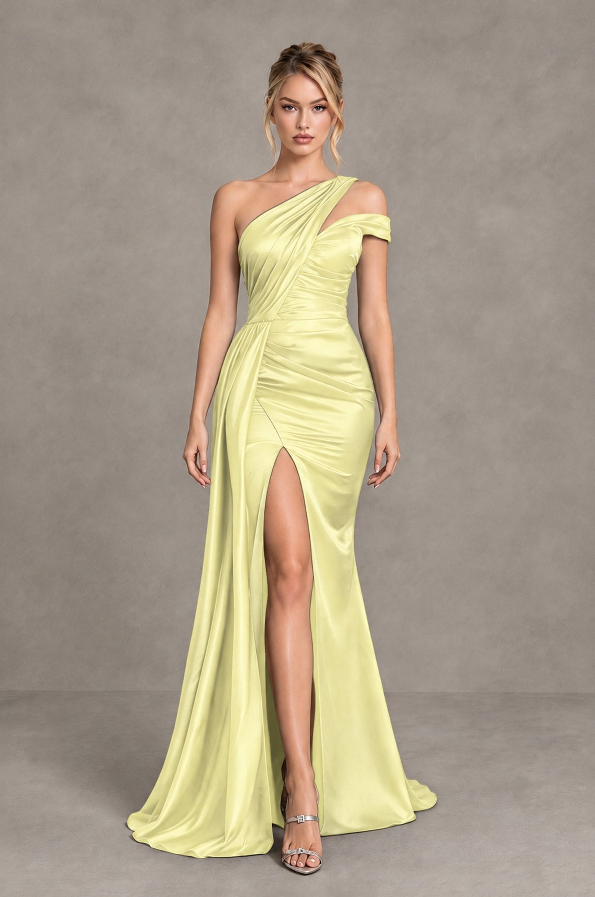 BOLODOO Light Yellow Asymmetric Ruched Formal Evening Dress - Light Yellow - Light Yellow_4