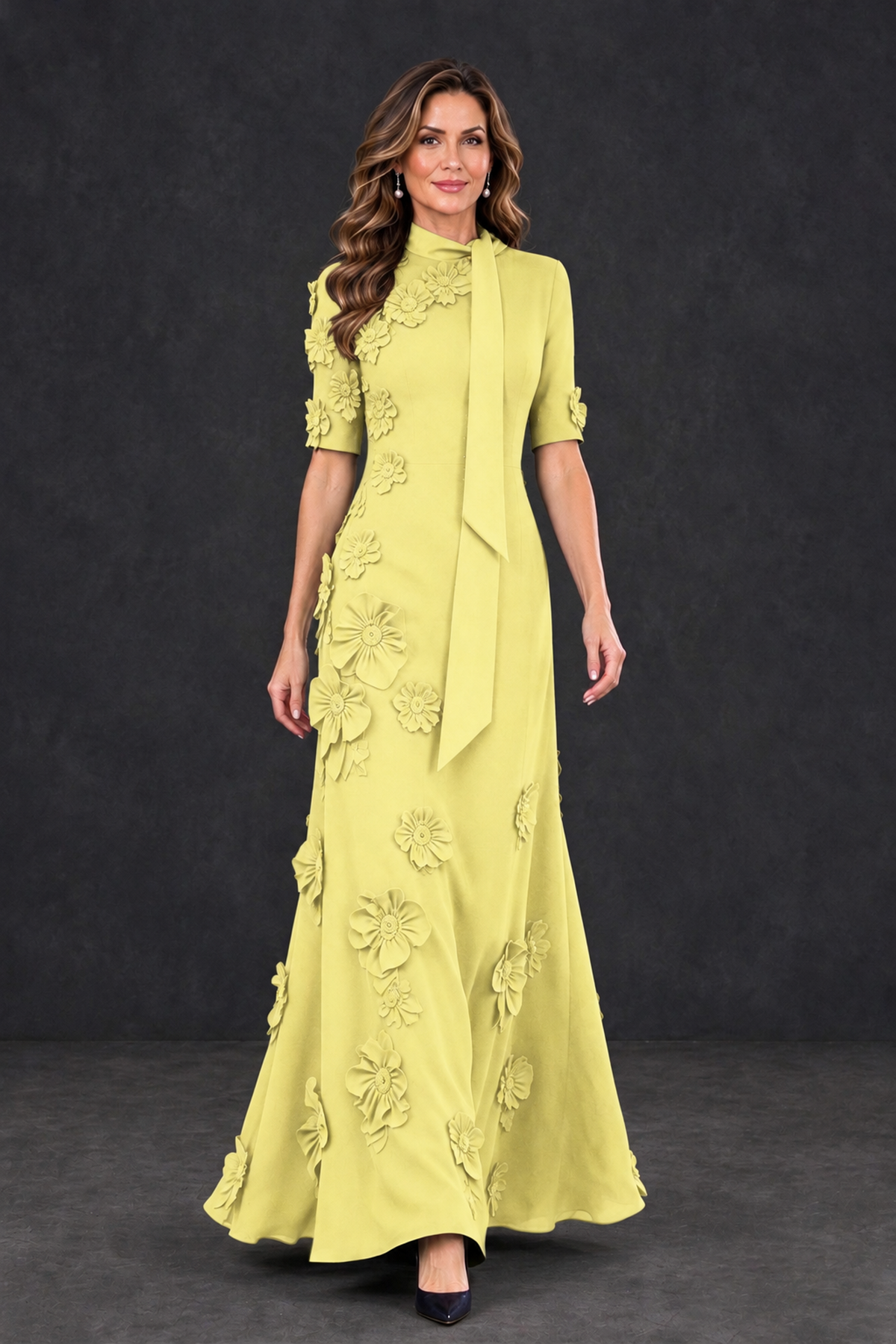 BOLODOO Light Yellow Floral Applique High-Neck Half-Sleeve Gown - Light Yellow - Light Yellow_4