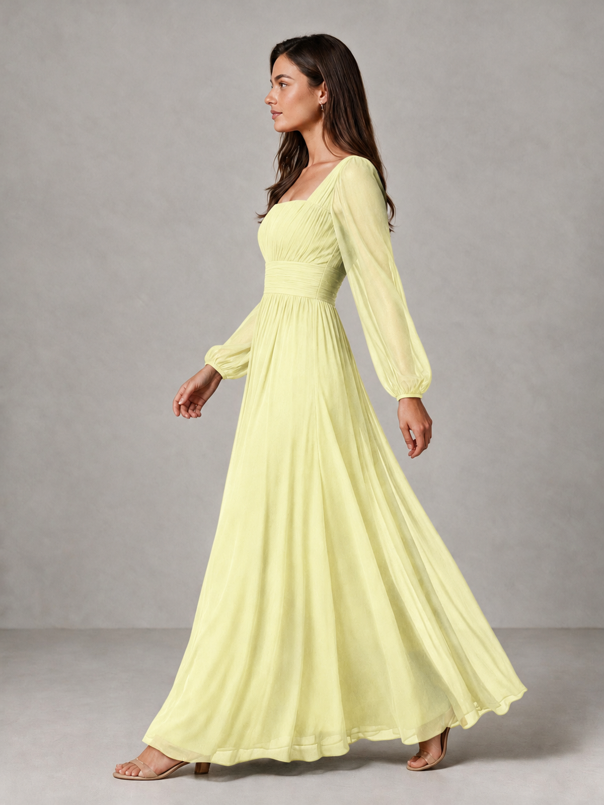 BOLODOO Light Yellow Square Neck Long Sleeve Chiffon Bridesmaid Dress - Light Yellow - Light Yellow_4
