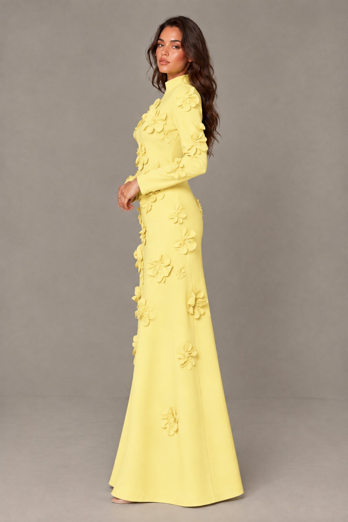 BOLODOO Light Yellow High Neck Long Sleeve 3D Floral Evening Gown - Light Yellow