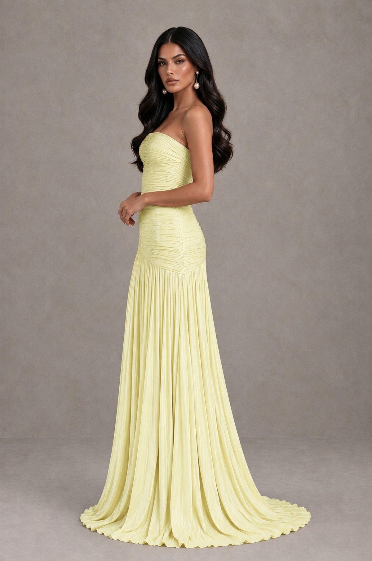 BOLODOO Light Yellow Metallic Ruched Strapless Pleated A-Line Backless Maxi Dress with Train - Light Yellow - Light Yellow_4