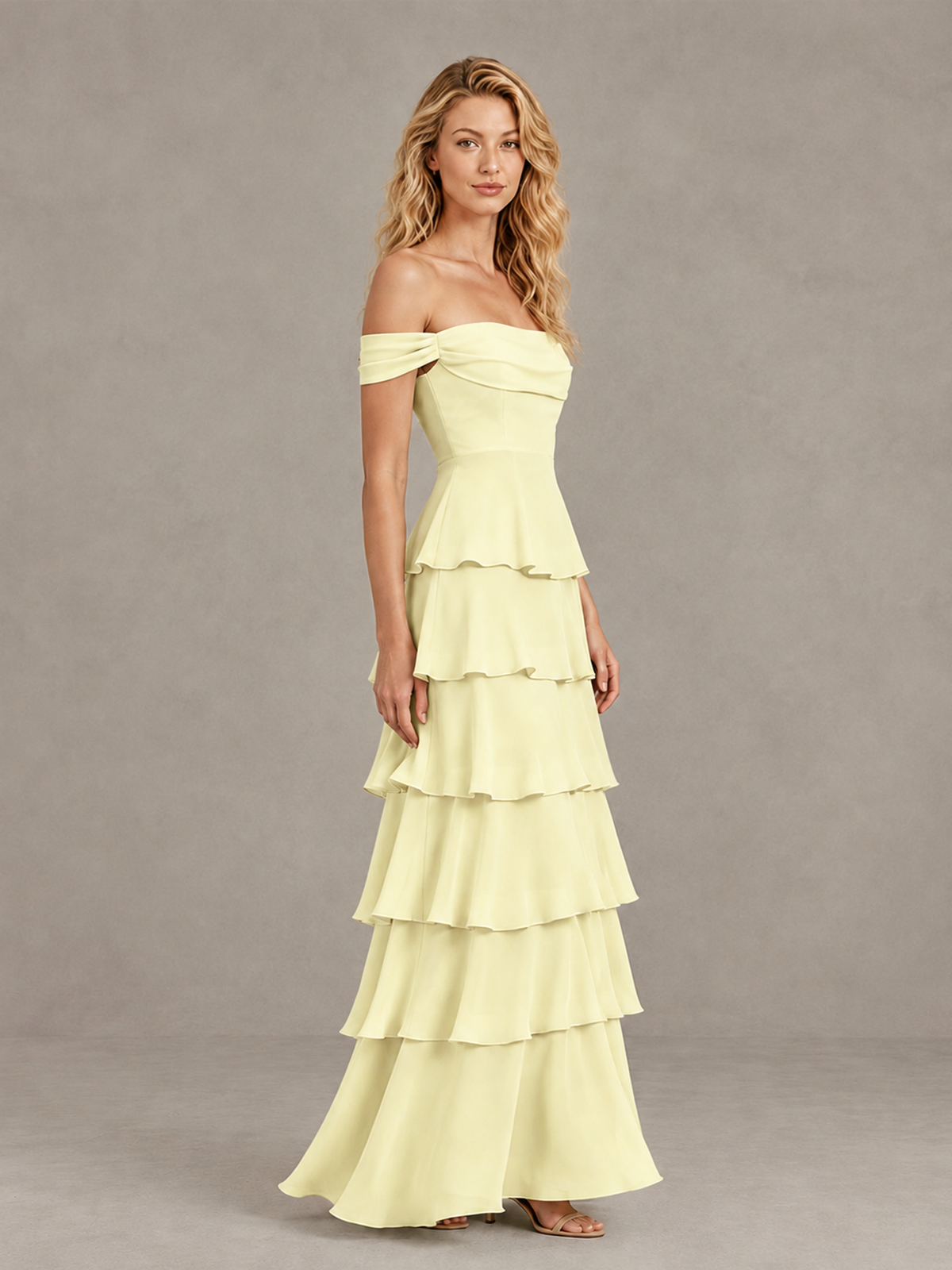 BOLODOO Light Yellow Off-Shoulder Tiered Ruffle Bridesmaid Dress with Lace-Up Back - Light Yellow - Light Yellow_4