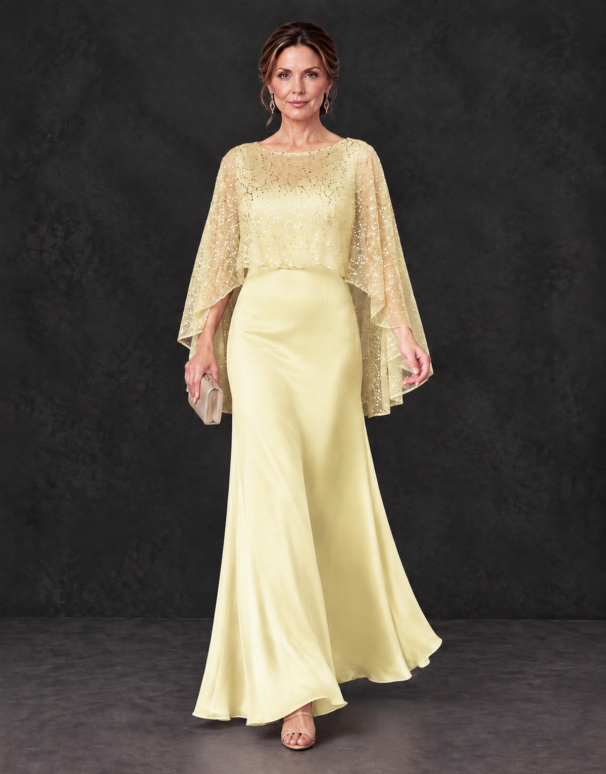 BOLODOO Light Yellow Sparkle Cape Sleeve Mother of the Bride Dress - Light Yellow - Light_Yellow_4