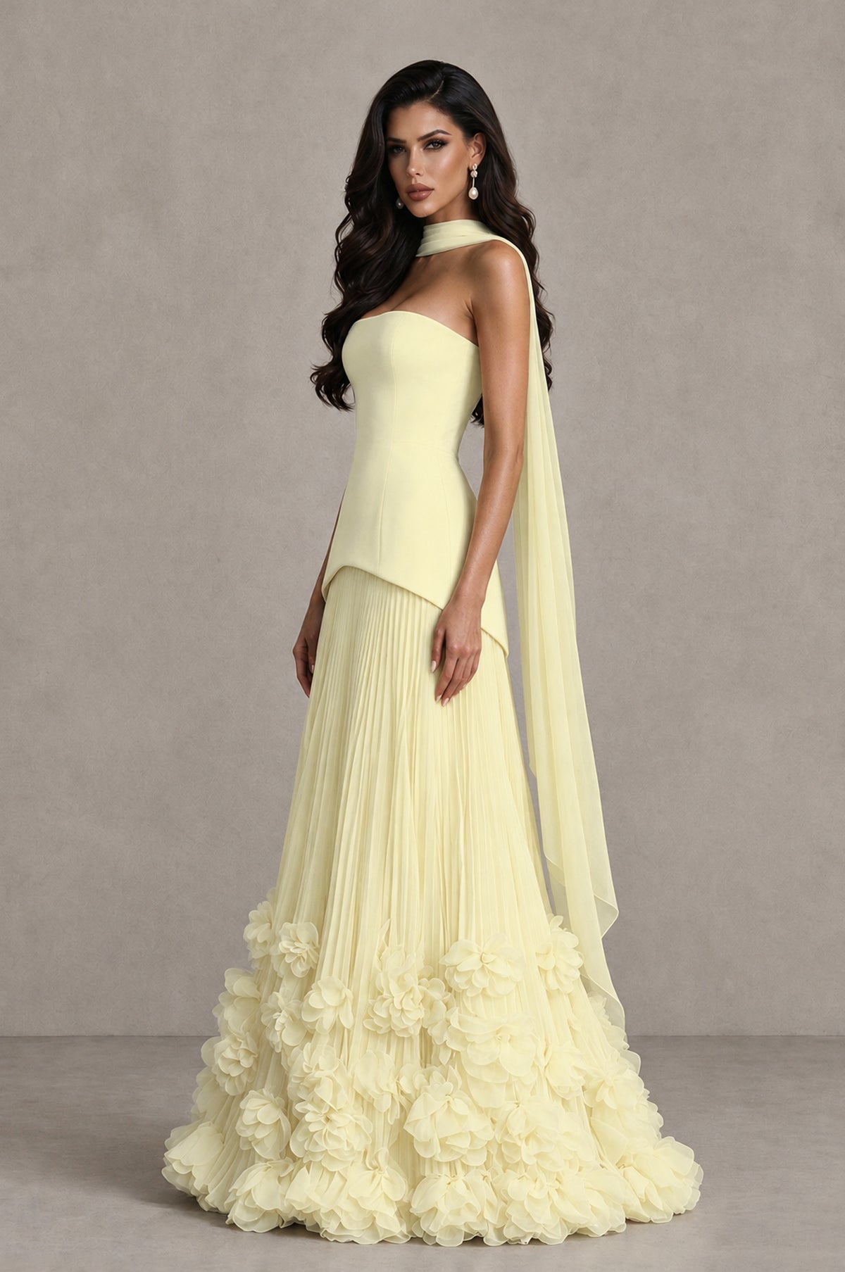 BOLODOO Light Yellow Strapless Pleated Floral Hem Evening Gown - Light Yellow - Light Yellow_4