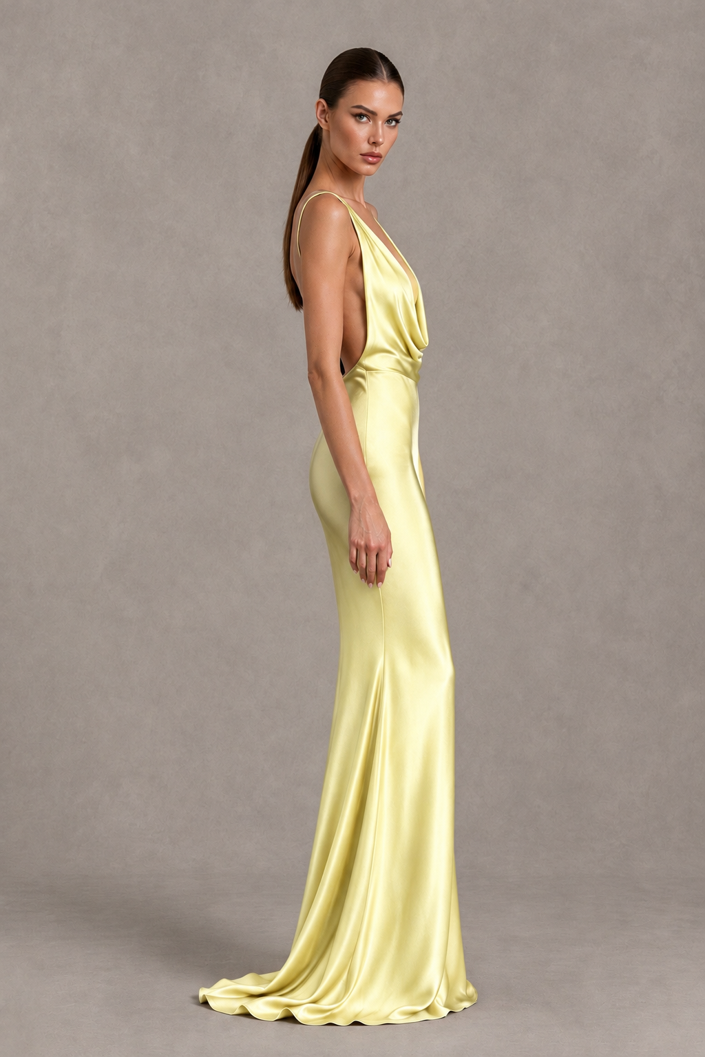 BOLODOO Light Yellow Cowl Neck Backless Satin Mermaid Evening Dress - Light Yellow - Light Yellow_4