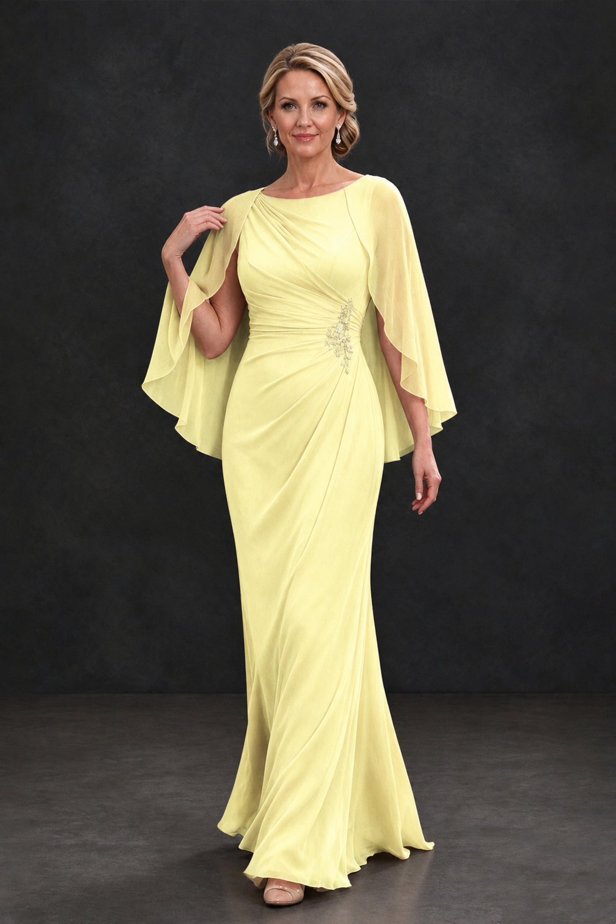 BOLODOO Light Yellow Cape Sleeve Mother of the Bride Dress with Ruched Waist - Light Yellow - Light Yellow_4