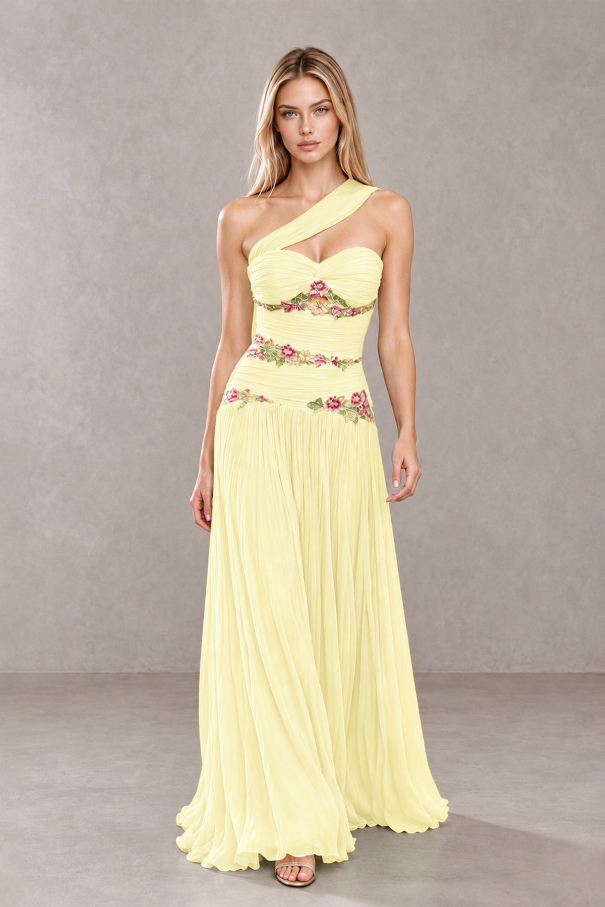 BOLODOO Light Yellow One-Shoulder Floral Applique A-Line Evening Dress - Light Yellow - Light Yellow_4