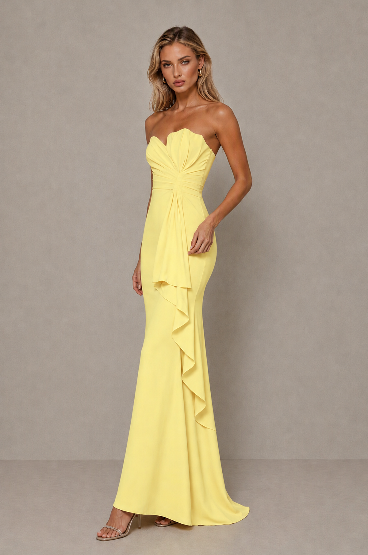 BOLODOO Light Yellow Strapless Sweetheart Ruched Mermaid Gown | Cascade Drape Formal Evening Dress - Light Yellow - Light_Yellow_4