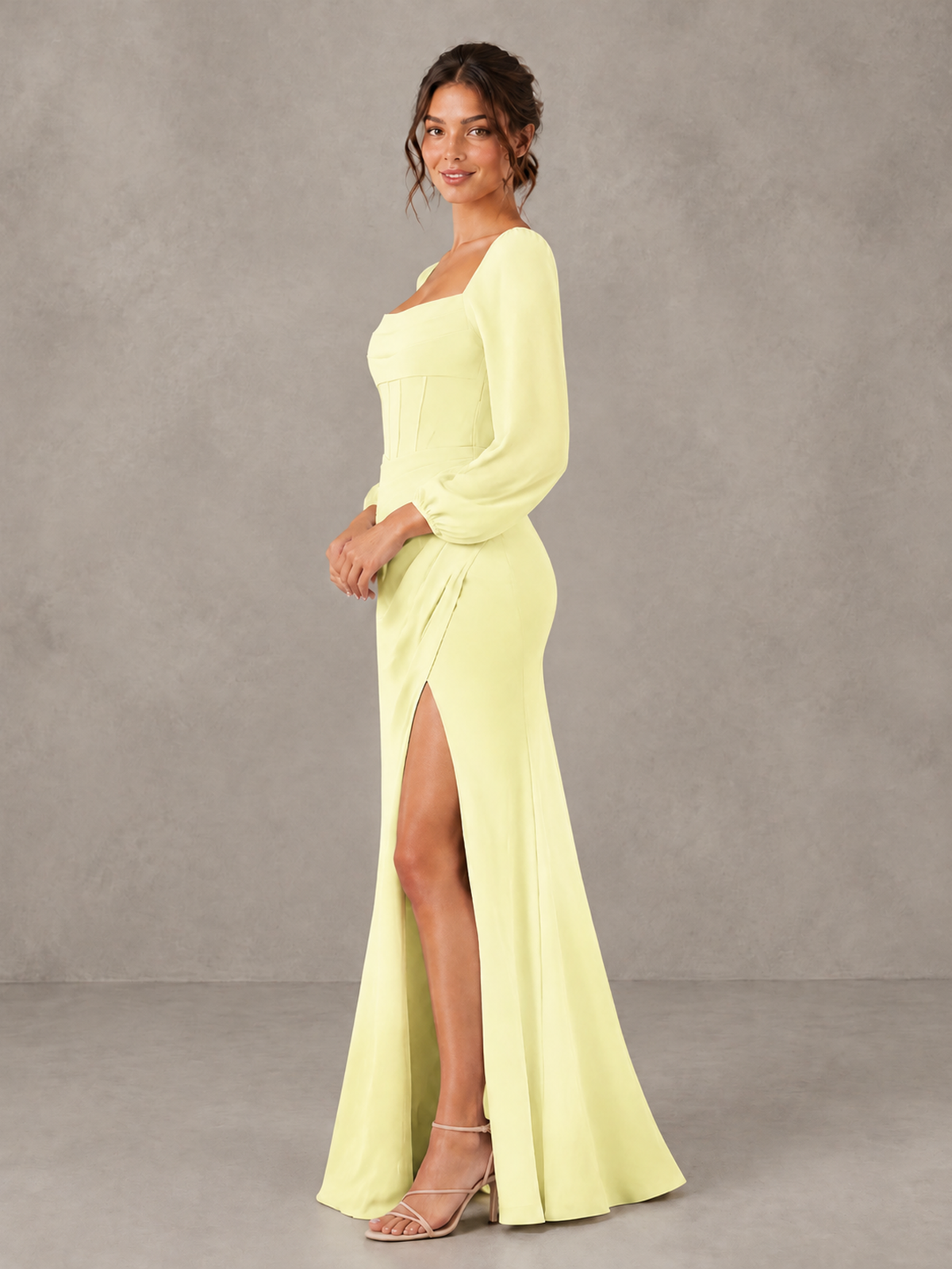 BOLODOO Light Yellow Square Neck Long Sleeve Bridesmaid Dress with High Slit - Light Yellow - Light Yellow_4