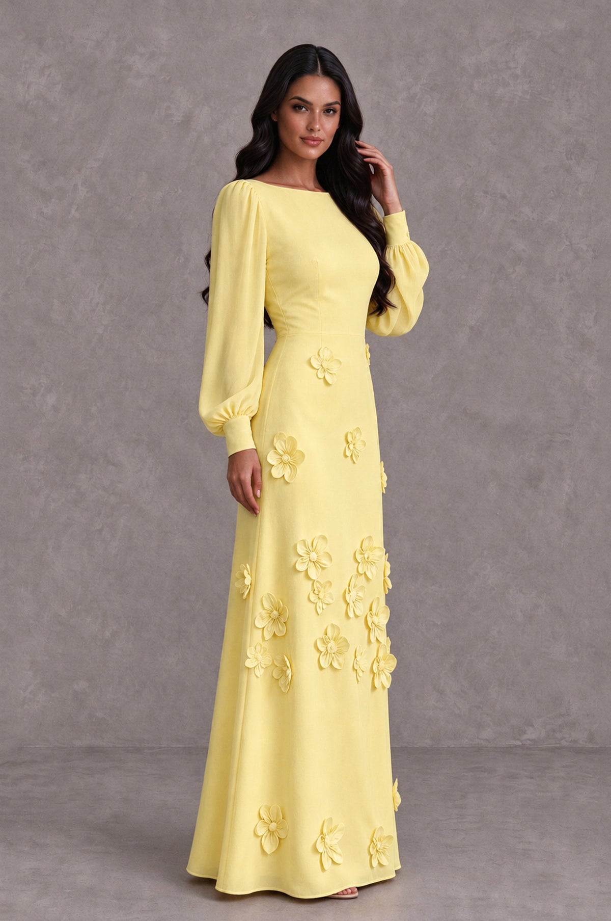 BOLODOO Light Yellow Long Sleeve Floral Applique A-Line Evening Dress - Light Yellow - Light Yellow_4