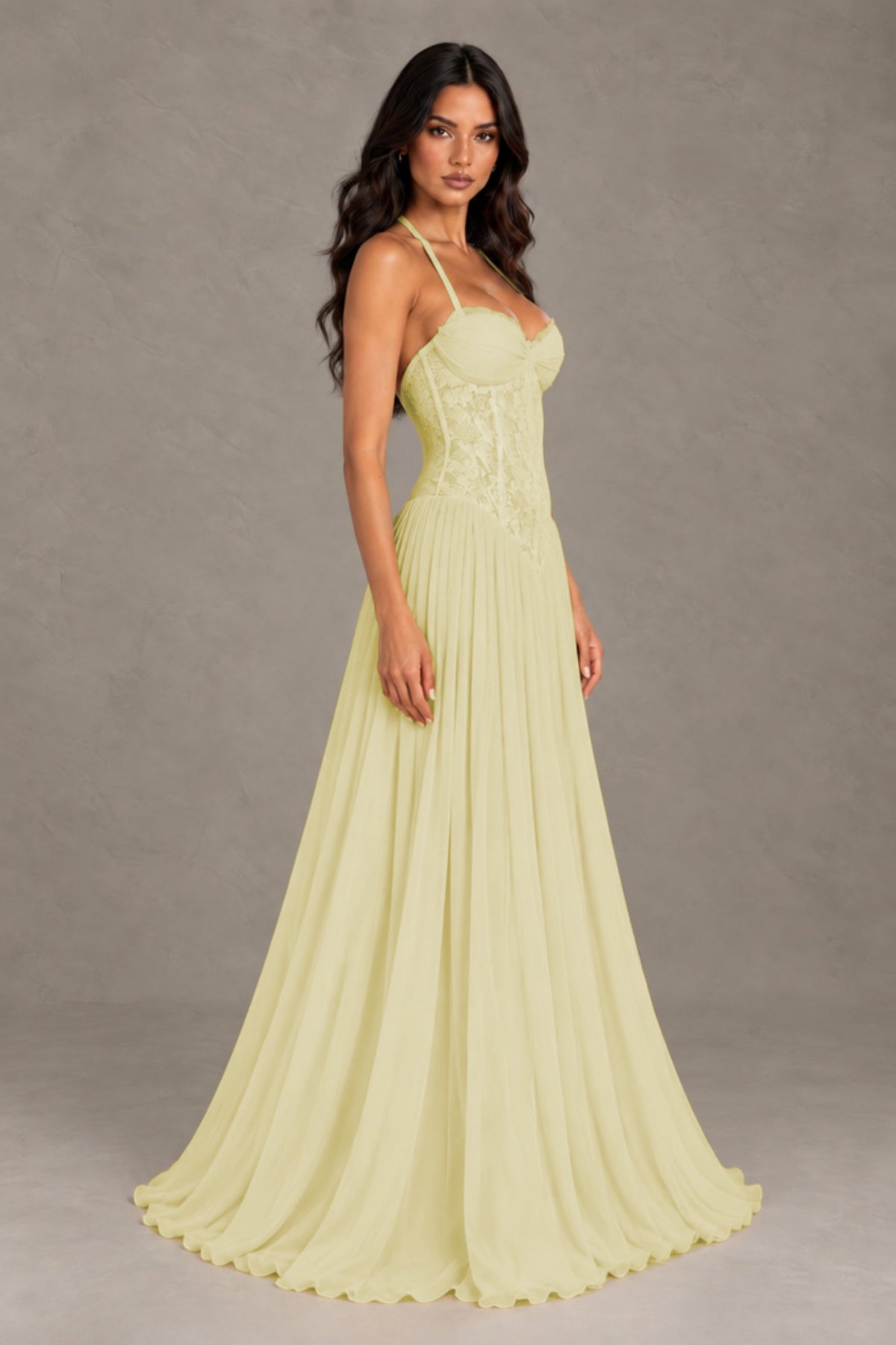 BOLODOO Light Yellow Lace Corset Halter Maxi Gown – Backless A-Line Formal Dress - Light Yellow - Light Yellow(4)