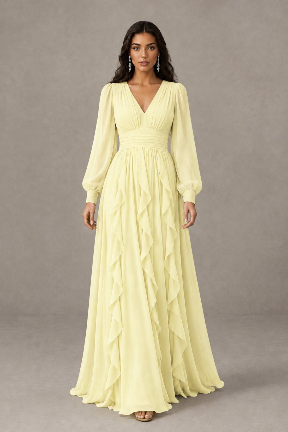 BOLODOO Light Yellow Long Sleeve V-Neck Ruffle Maxi Dress - Light Yellow
