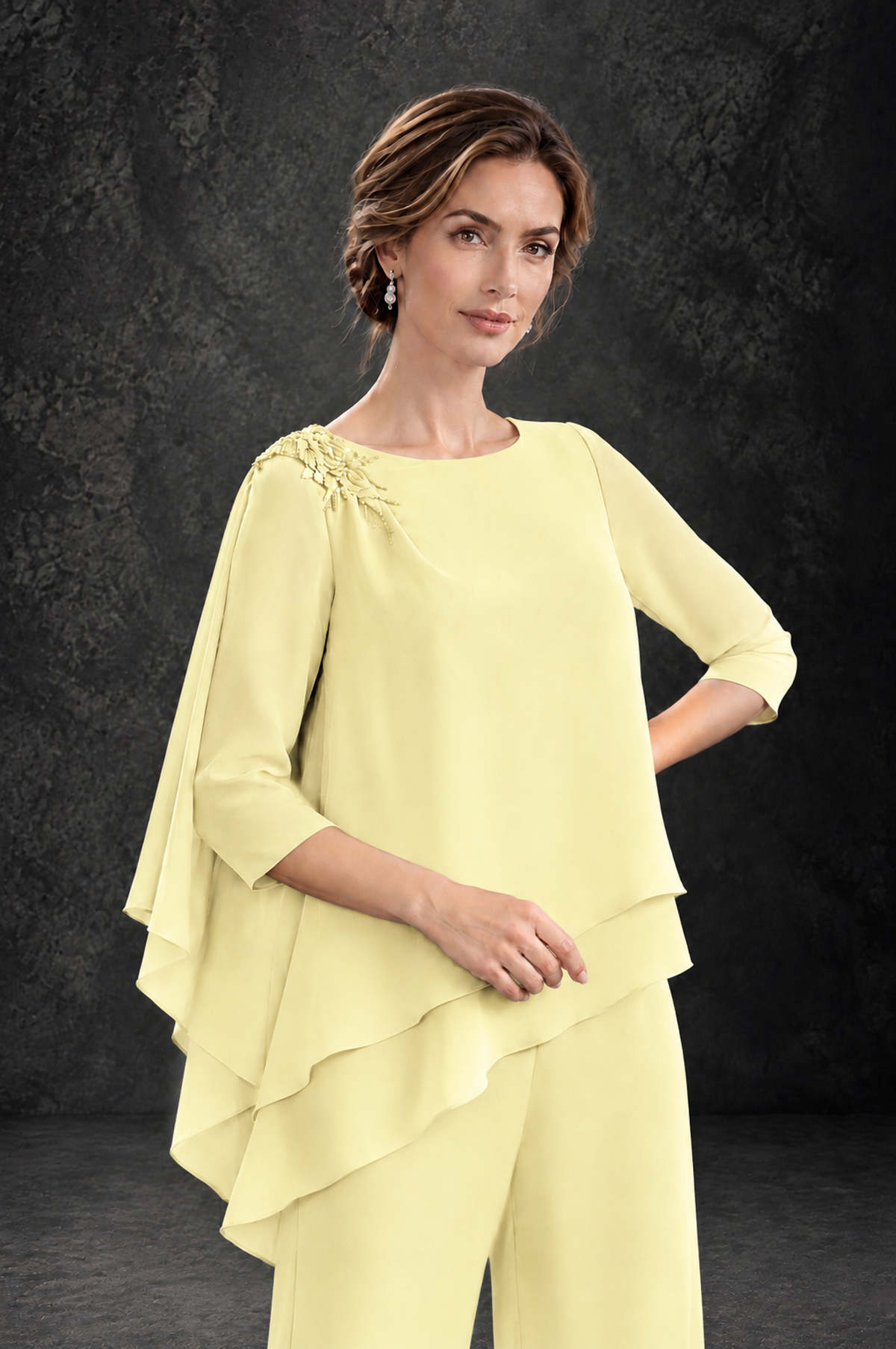 BOLODOO Light Yellow Layered Wide-Leg Mother of the Bride Pant Suit - Light Yellow - Light Yellow_4