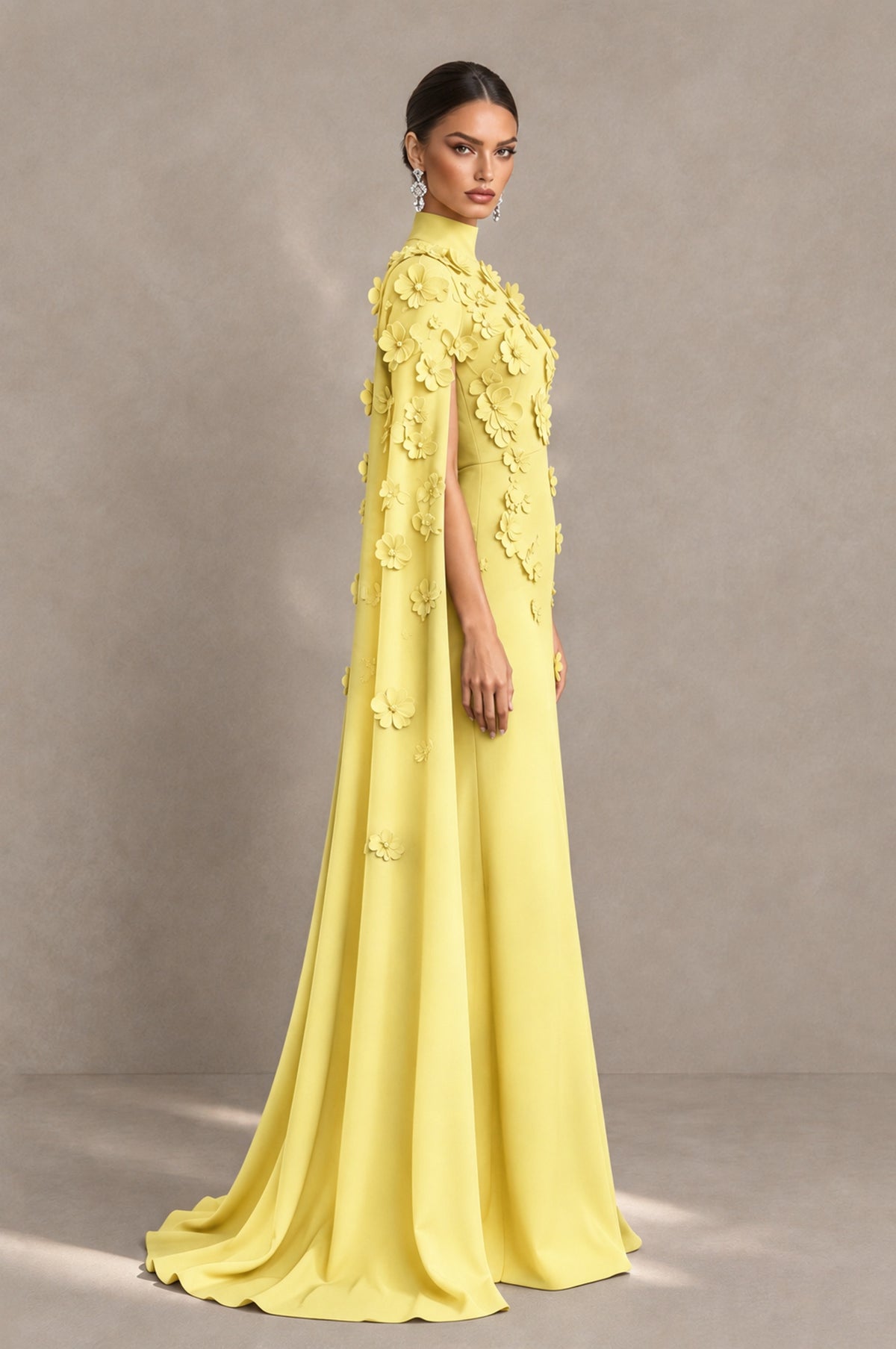 BOLODOO Light Yellow 3D Floral Applique Cape Formal Dress - Light Yellow - Light Yellow_4
