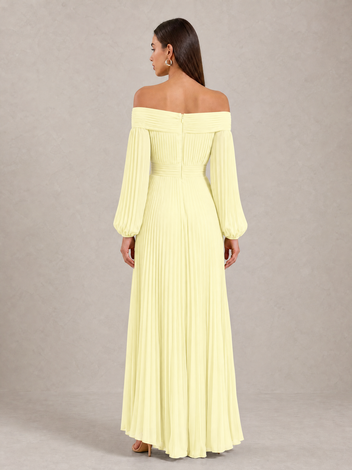 BOLODOO Light Yellow Off-Shoulder Long Sleeve Pleated High-Low Dress - Light Yellow - Light_Yellow_4