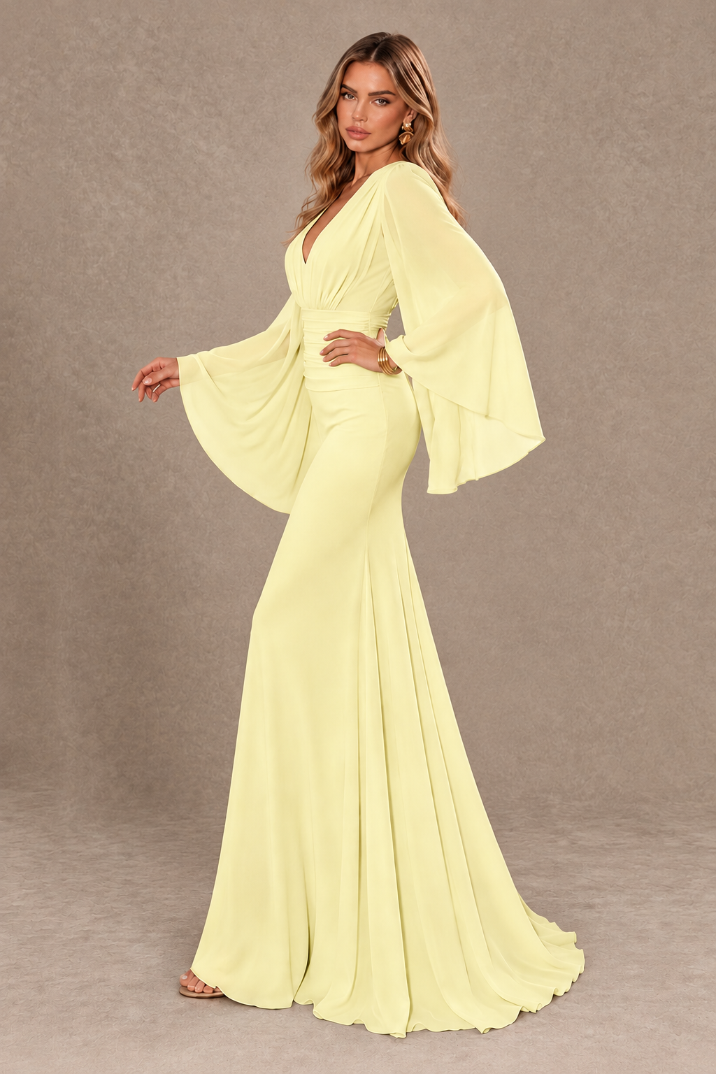 BOLODOO Light Yellow Cape Sleeve V-Neck Ruched Chiffon Evening Dress - Light Yellow - Light_Yellow_4