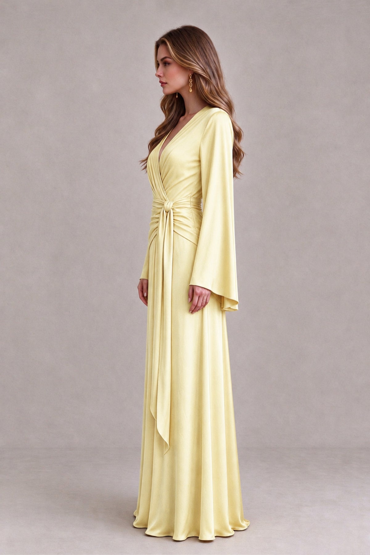 BOLODOO Light Yellow Yellow Satin-Look V-Neck Long Bell Sleeve Evening Dress - Light Yellow - Light_Yellow_4