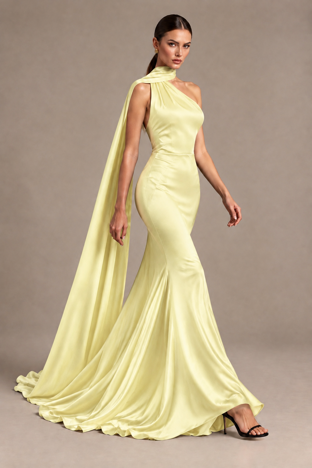 BOLODOO Light Yellow One-Shoulder Satin Mermaid Evening Dress with Scarf - Light Yellow - Light Yellow_4