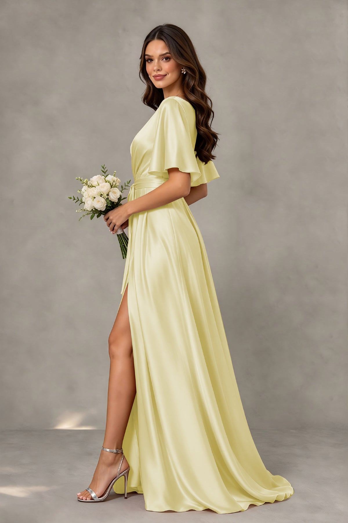 BOLODOO Light Yellow Satin V-Neck Flutter Sleeve Bridesmaid Dress with Slit - Light Yellow - Light Yellow(4)