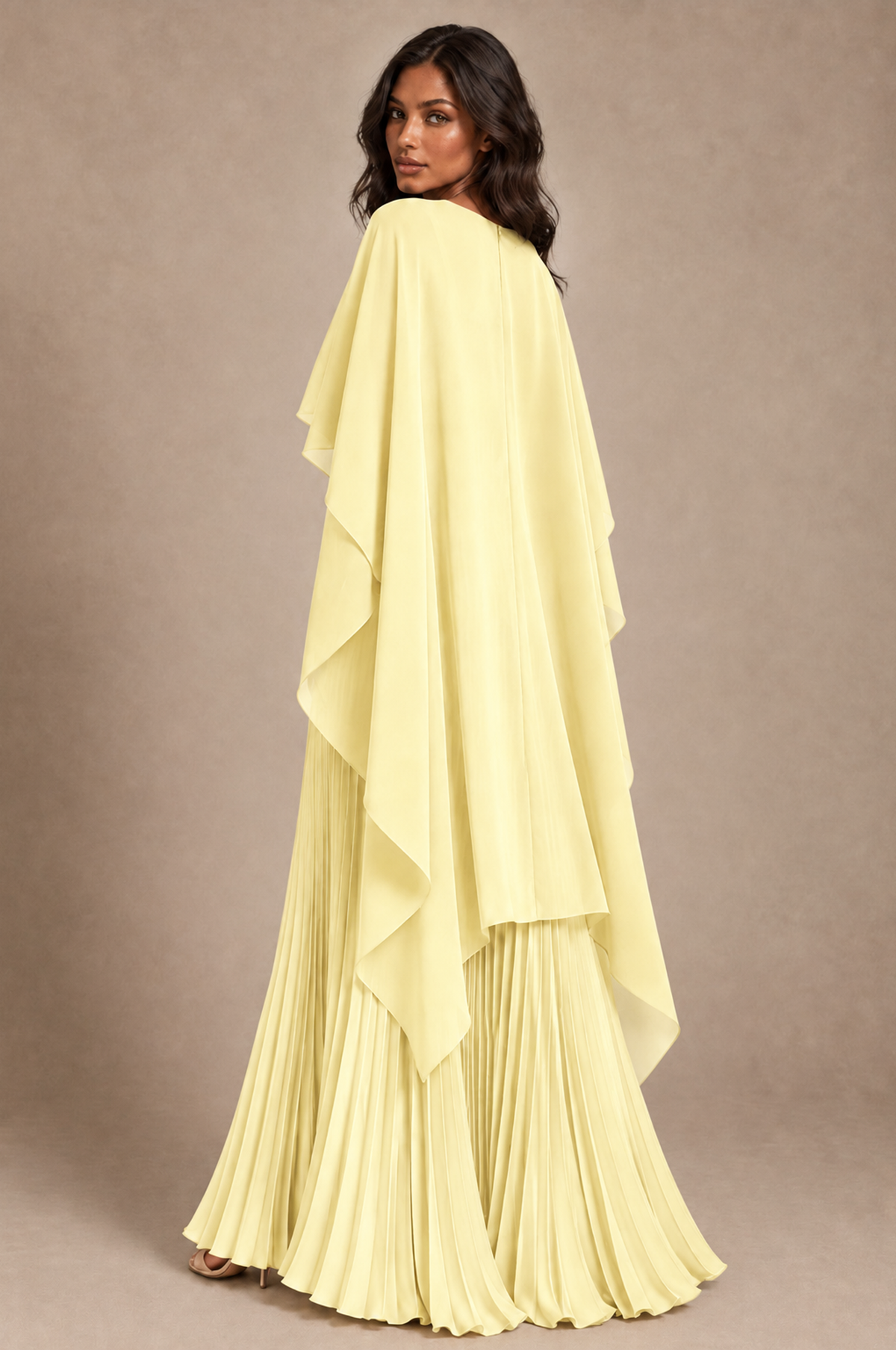 BOLODOO Light Yellow Pleated Cape A-Line Evening Dress - Light Yellow - Light_Yellow_4
