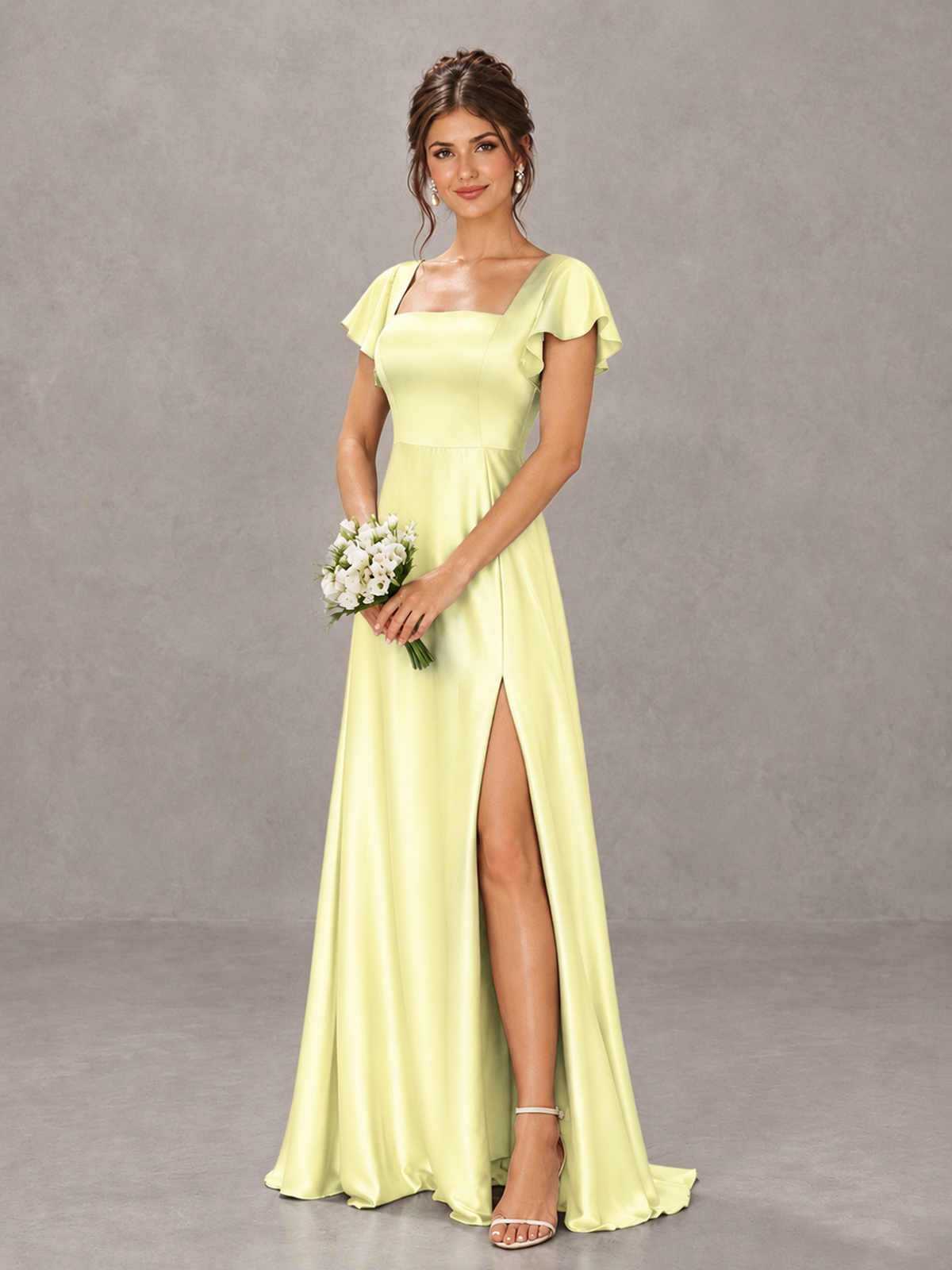 BOLODOO Light Yellow Satin Square Neck Flutter Sleeve A-Line Bridesmaid Dress with Slit - Light Yellow - Light Yellow_4