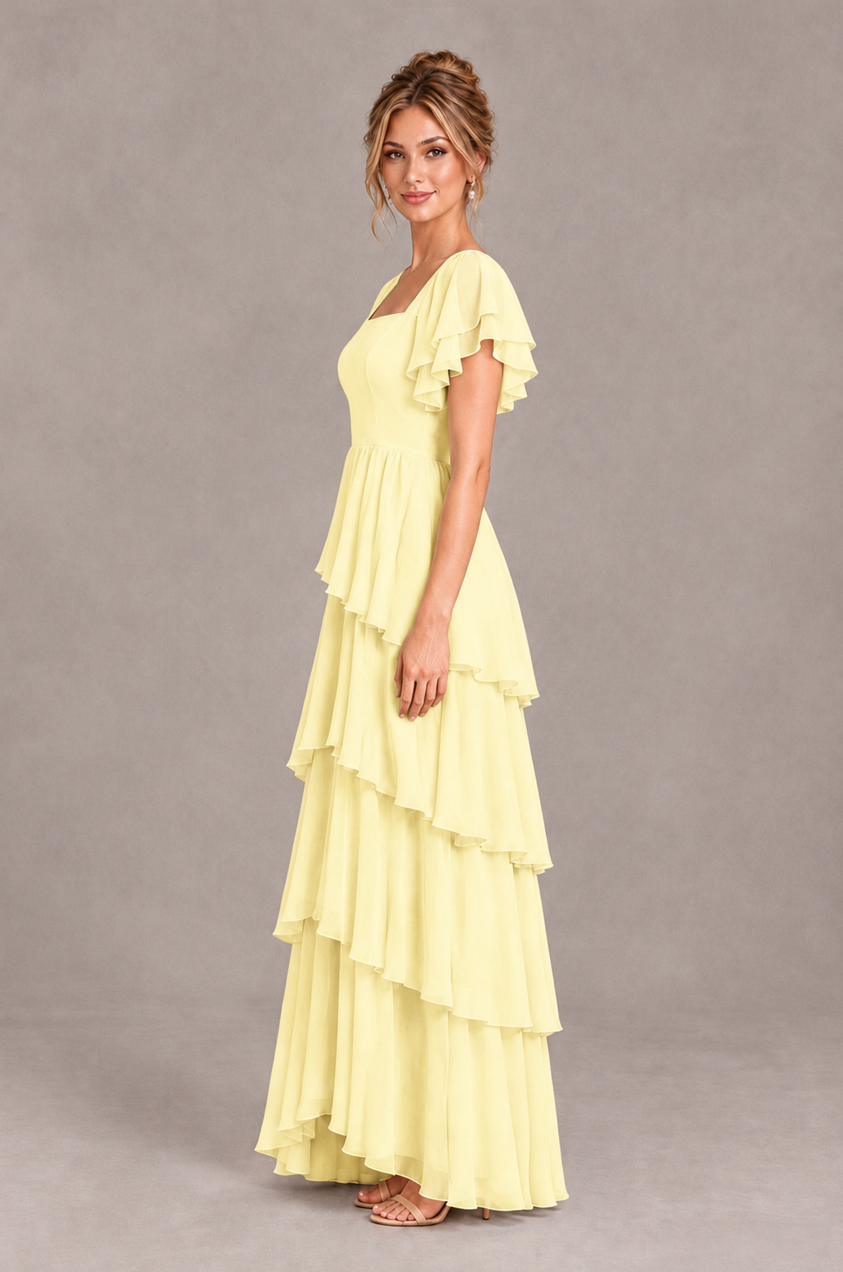 BOLODOO Light Yellow Square Neck Flutter Sleeve Tiered Chiffon Bridesmaid Dress with Lace-Up Back - Light Yellow - Light Yellow_4