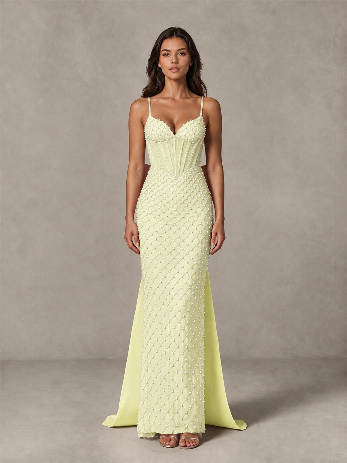 BOLODOO Light Yellow Beaded Corset Prom Dress with Bow Train - Light Yellow - Light_Yellow_4