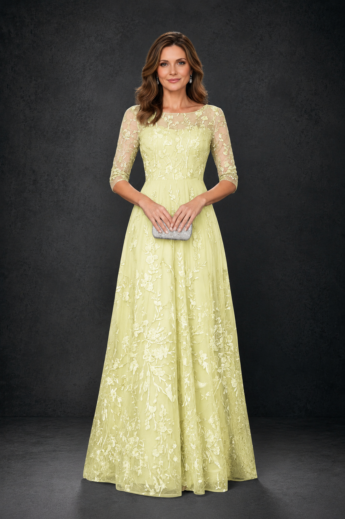 BOLODOO Light Yellow Illusion Bateau Neck 3/4 Sleeve Floral Lace A-Line Mother of the Bride Dress MX007 - Light Yellow - Light_Yellow_4