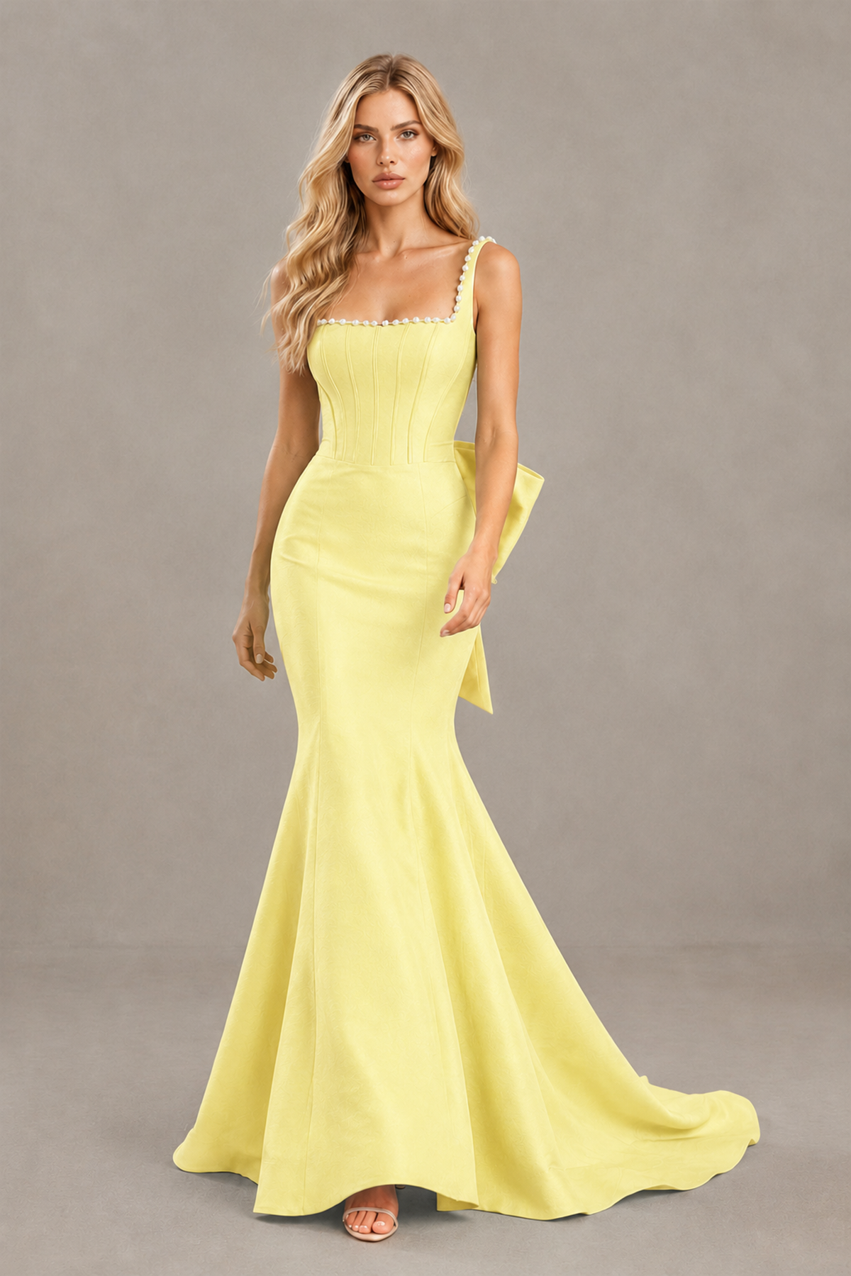 BOLODOO Light Yellow Pearl-Trim Mermaid Prom Dress with Back Bow - Light Yellow - Light_Yellow_4
