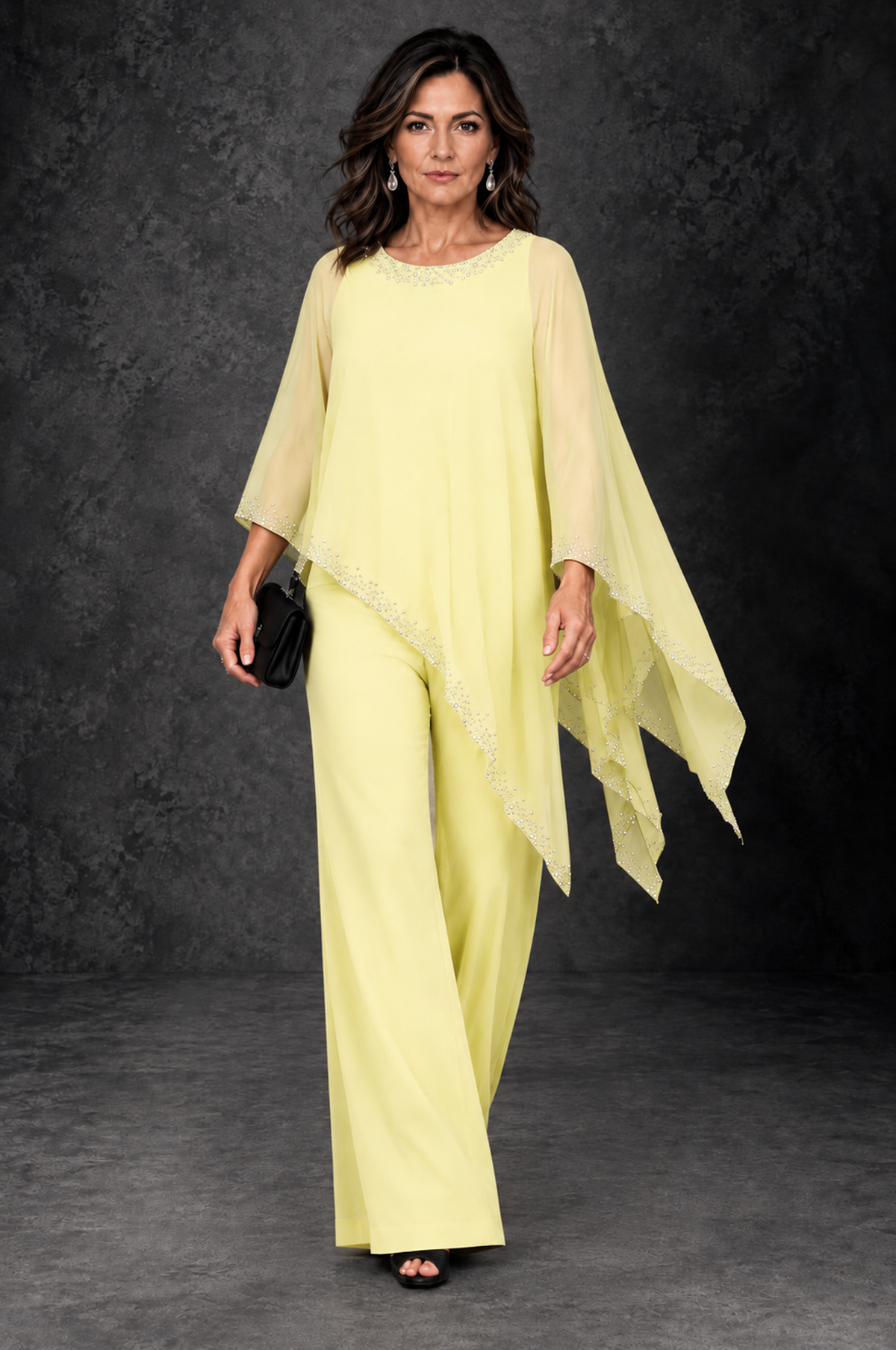 BOLODOO Light Yellow Embellished Cape Mother of the Bride Pantsuit - Light Yellow - Light_Yellow_4
