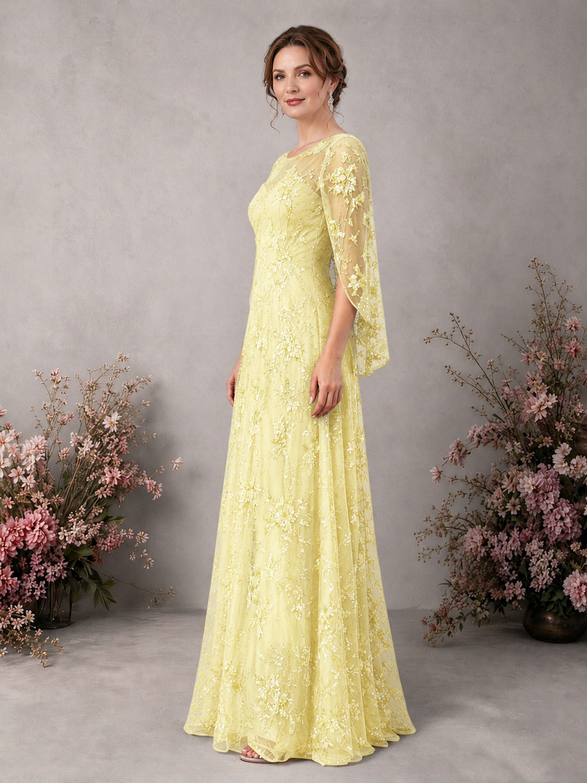 BOLODOO Light Yellow Sequin Lace Cape Sleeve Formal Evening Gown - Light Yellow - Light Yellow_4