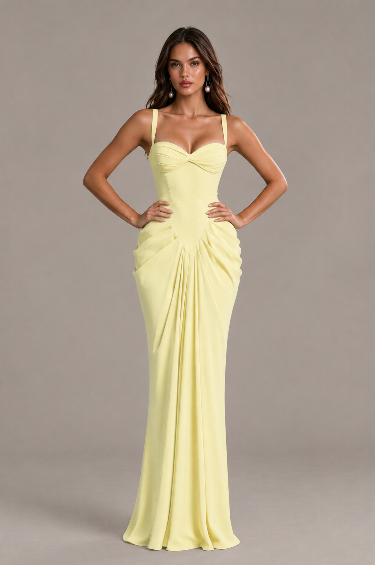 BOLODOO Light Yellow Sweetheart Ruched Lace-Up Back Evening Gown - Light Yellow - Light_Yellow_4