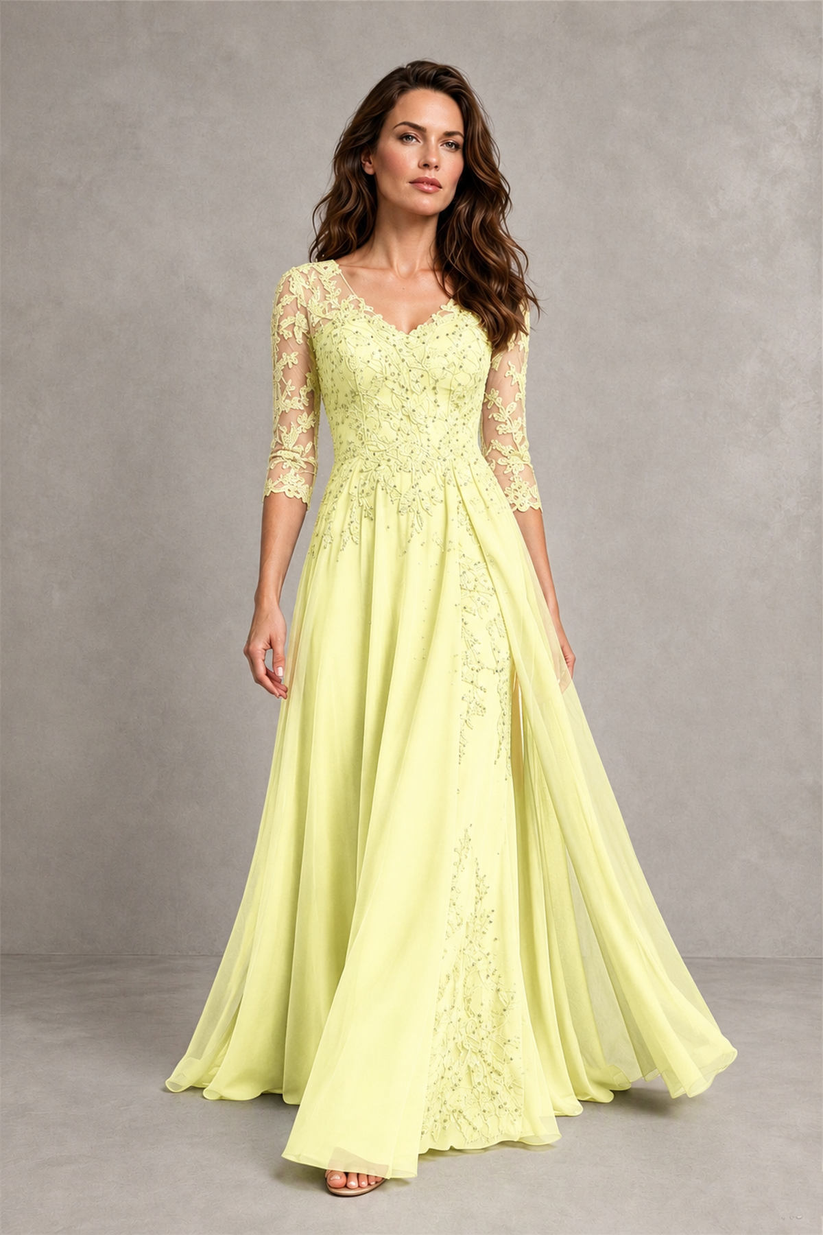 BOLODOO Midnight Light Yellow Beaded Lace Appliqué Chiffon A-Line Gown | Mother of the Bride & Formal Evening Dress - Light Yellow - Light Yellow_4