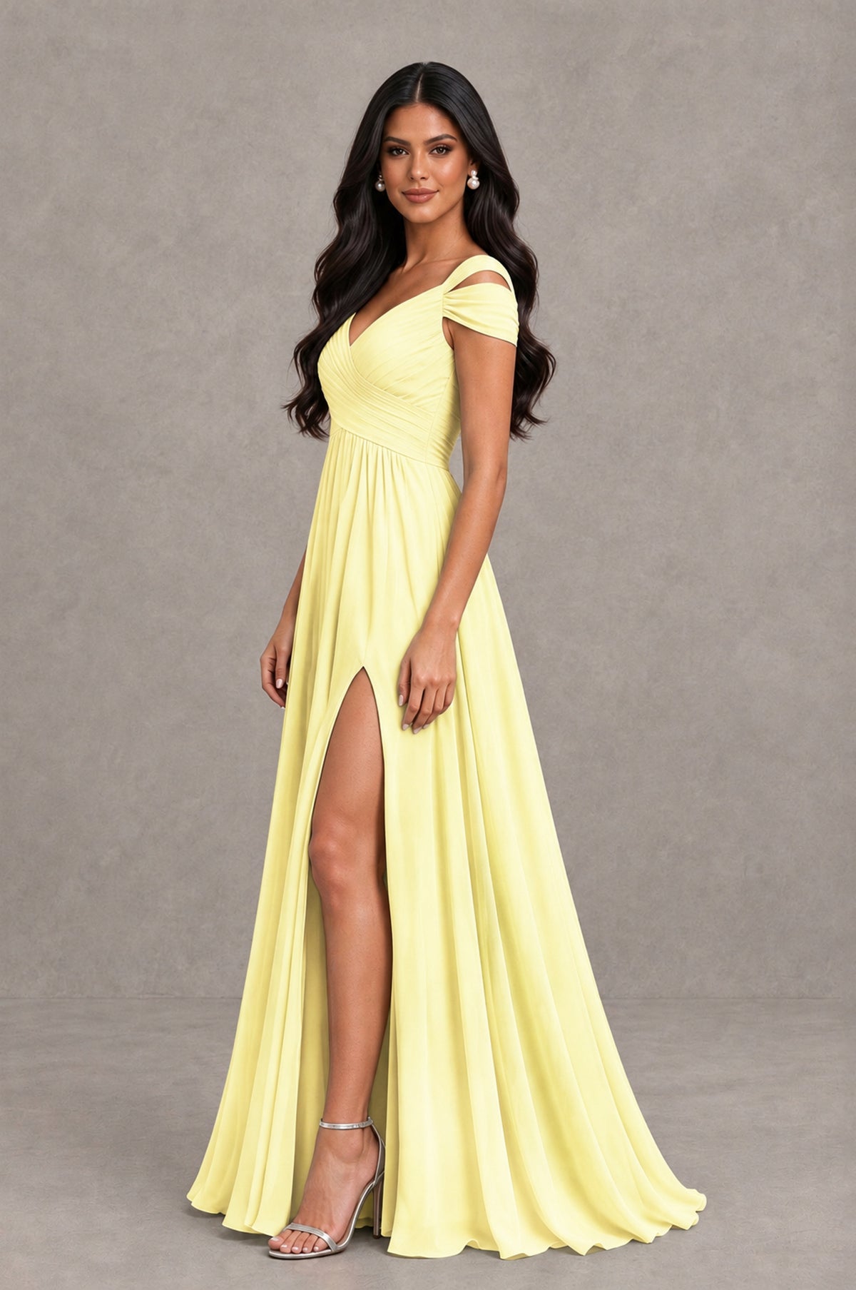 BOLODOO Light Yellow Cold Shoulder Chiffon Evening Dress with V Neck and High Slit - Light Yellow - Light Yellow_4