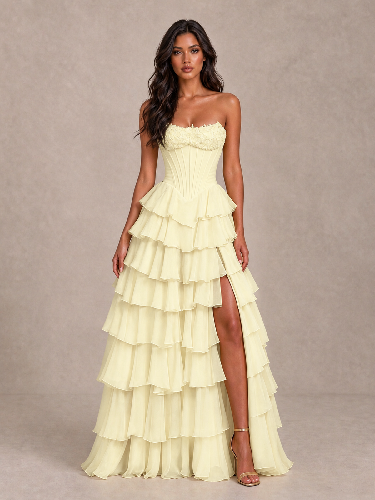 BOLODOO Light Yellow Strapless Corset Tiered Ruffle Prom Dress with High Slit - Light Yellow - Light Yellow_4