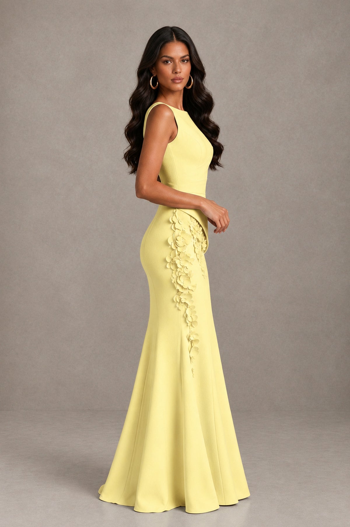 BOLODOO Light Yellow Bateau Neck Sleeveless Asymmetric Peplum 3D Petal Appliqué Mermaid Gown BD0421 - Light Yellow - Light Yellow_4