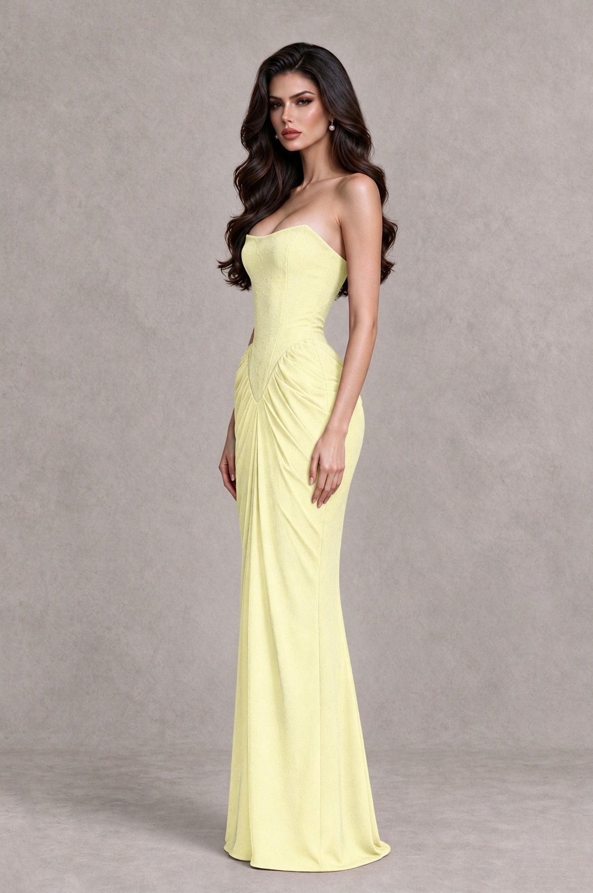 BOLODOO Light Yellow Strapless Ruched Corset Evening Gown - Light Yellow - Light Yellow_4