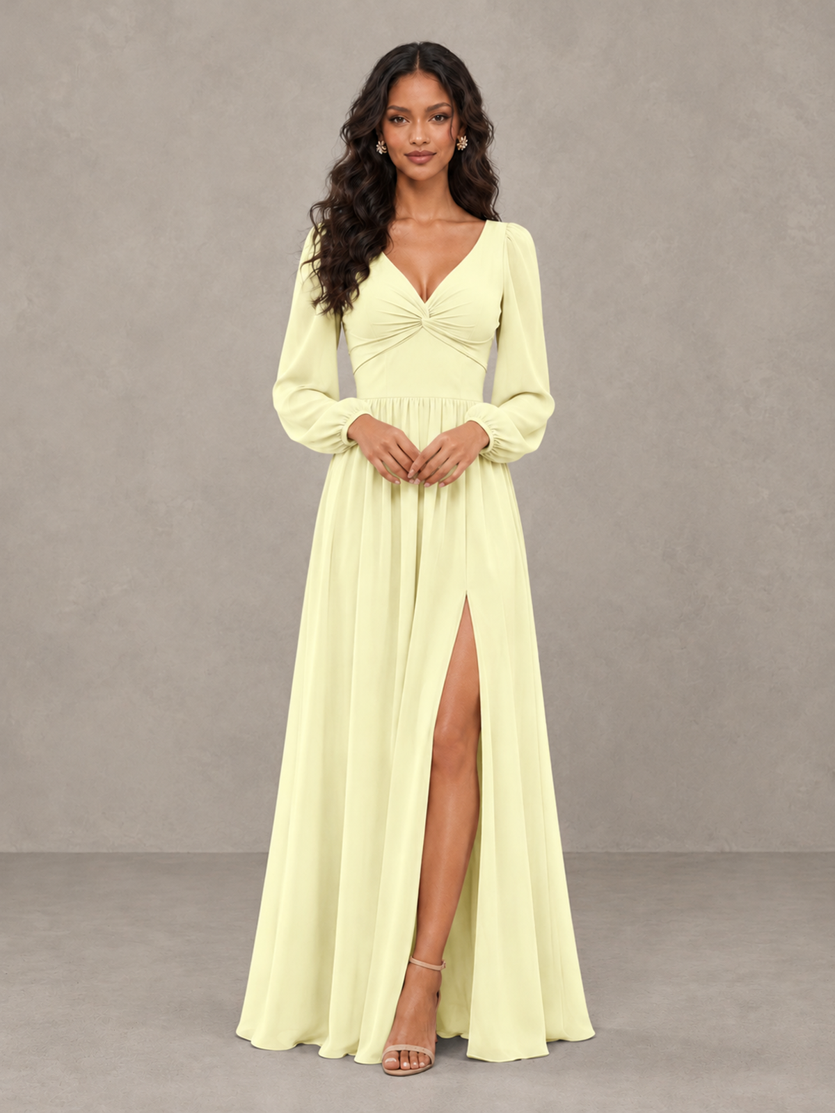 BOLODOO Light Yellow V-Neck Long Sleeve Bridesmaid Dress with Tie Back and Slit - Light Yellow - Light Yellow_5